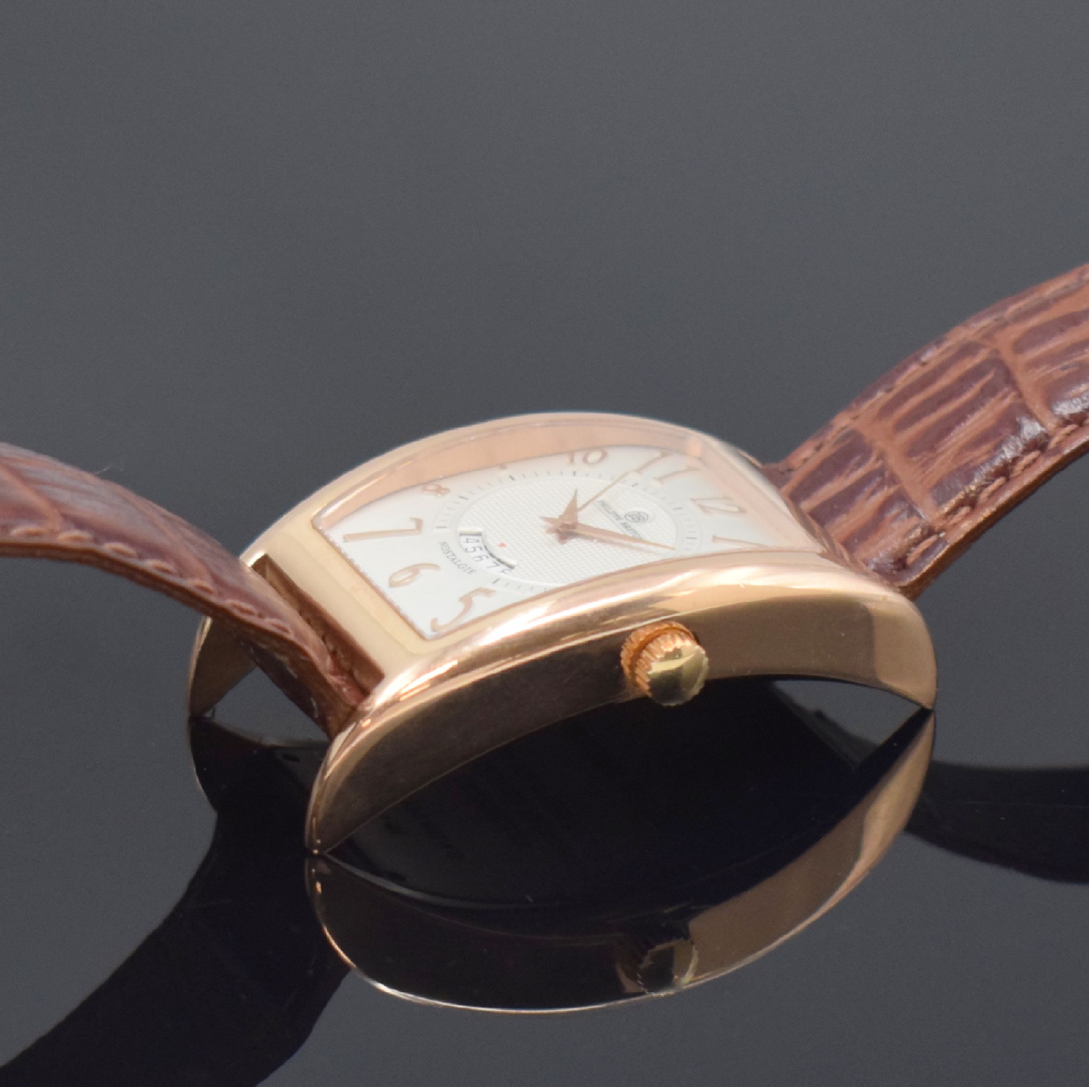 Detail c: PHILIPPE BRETON Nostalgie Herrenarmbanduhr in RoseG 585/000, Schweiz um 2005, Automatik, massives 2-teil. Gehäuse, Boden 4-fach verschr., silb. ...