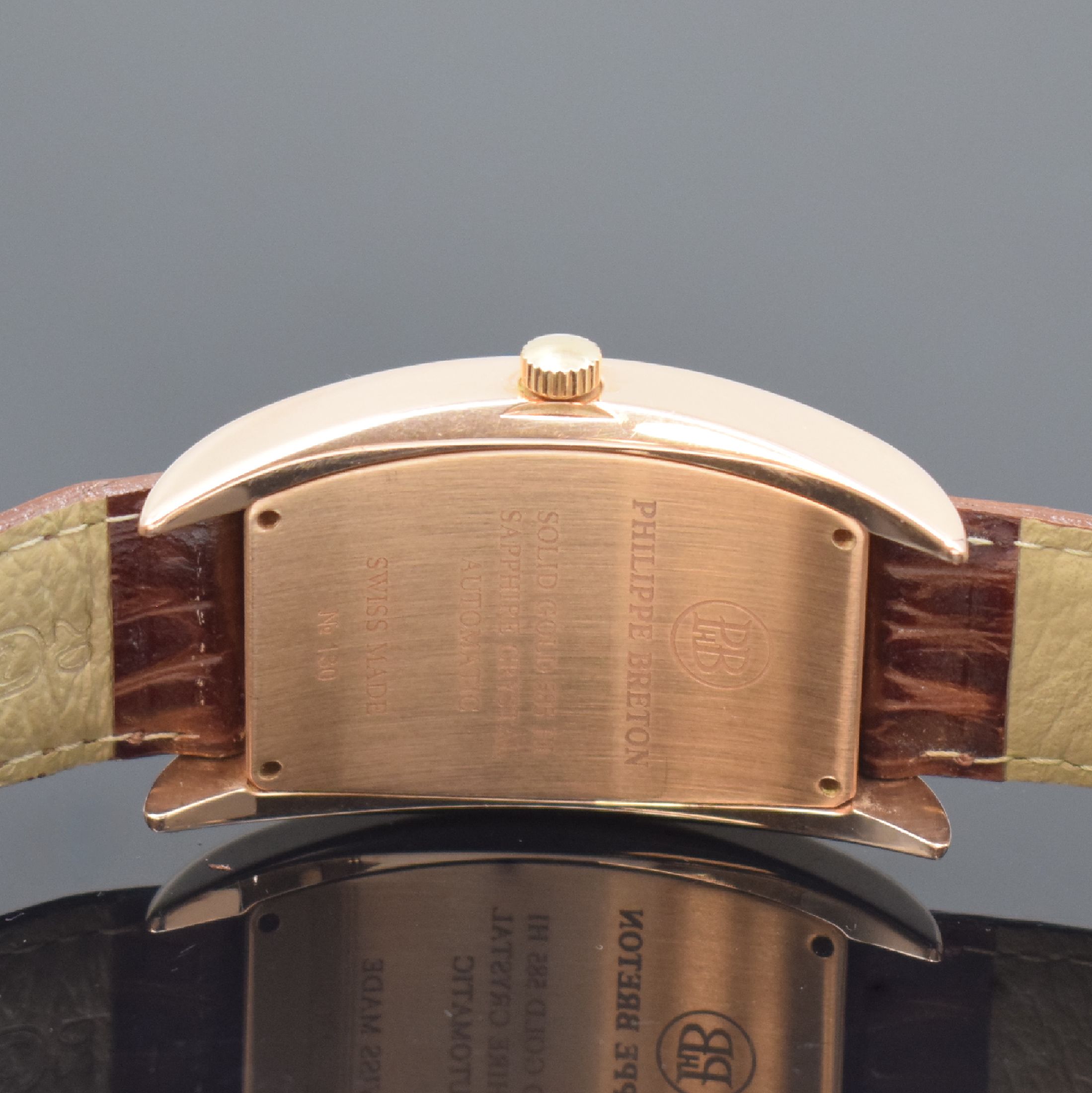 Detail d: PHILIPPE BRETON Nostalgie Herrenarmbanduhr in RoseG 585/000, Schweiz um 2005, Automatik, massives 2-teil. Gehäuse, Boden 4-fach verschr., silb. ...