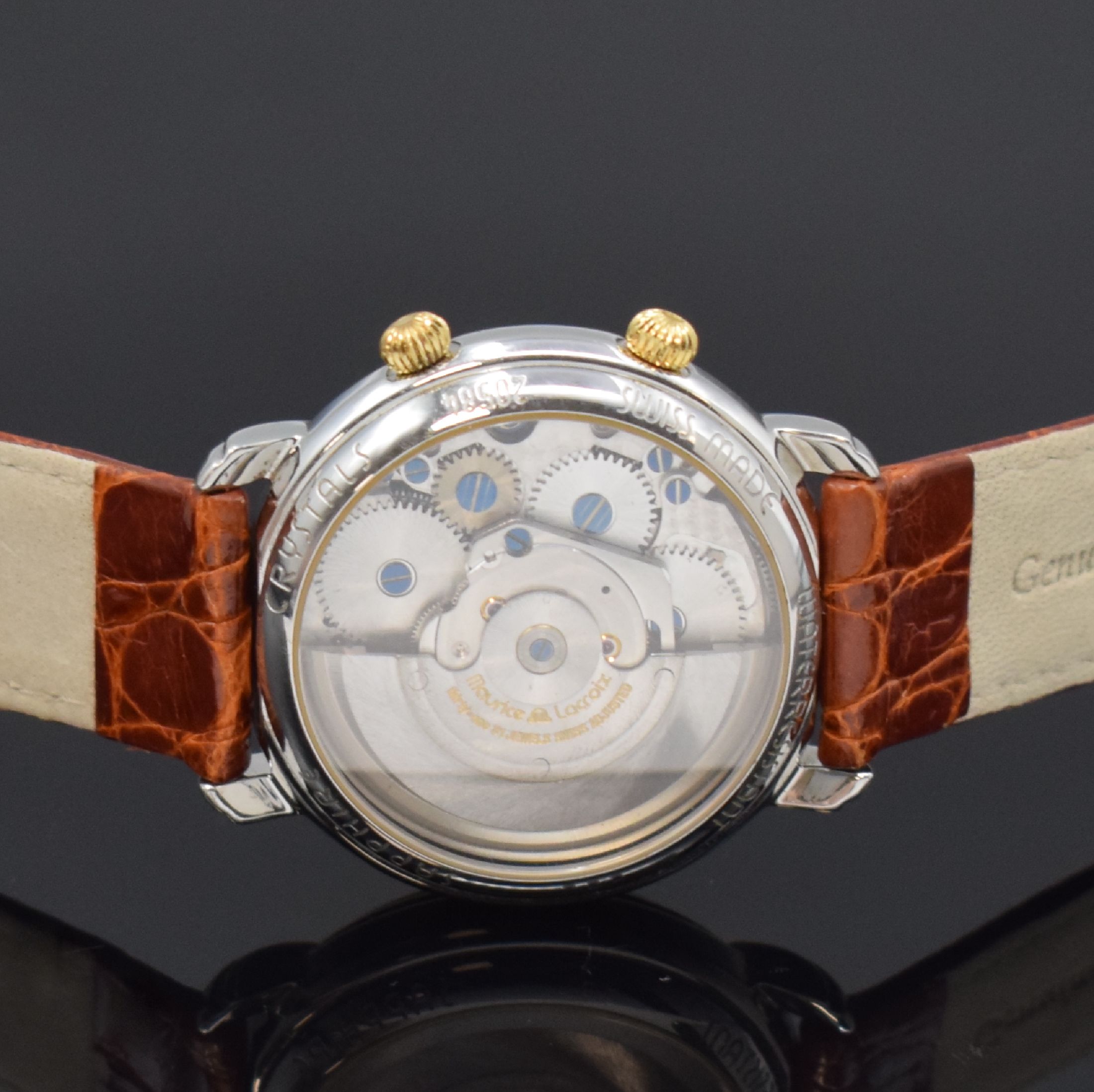 Detail c: MAURICE LACROIX Armbandwecker Referenz 20584, Schweiz um 2005, Automatik, Edelstahl/Gold komb., 3-teil. Gehäuse, Boden u. Glasrand aufgedr., silb. ...
