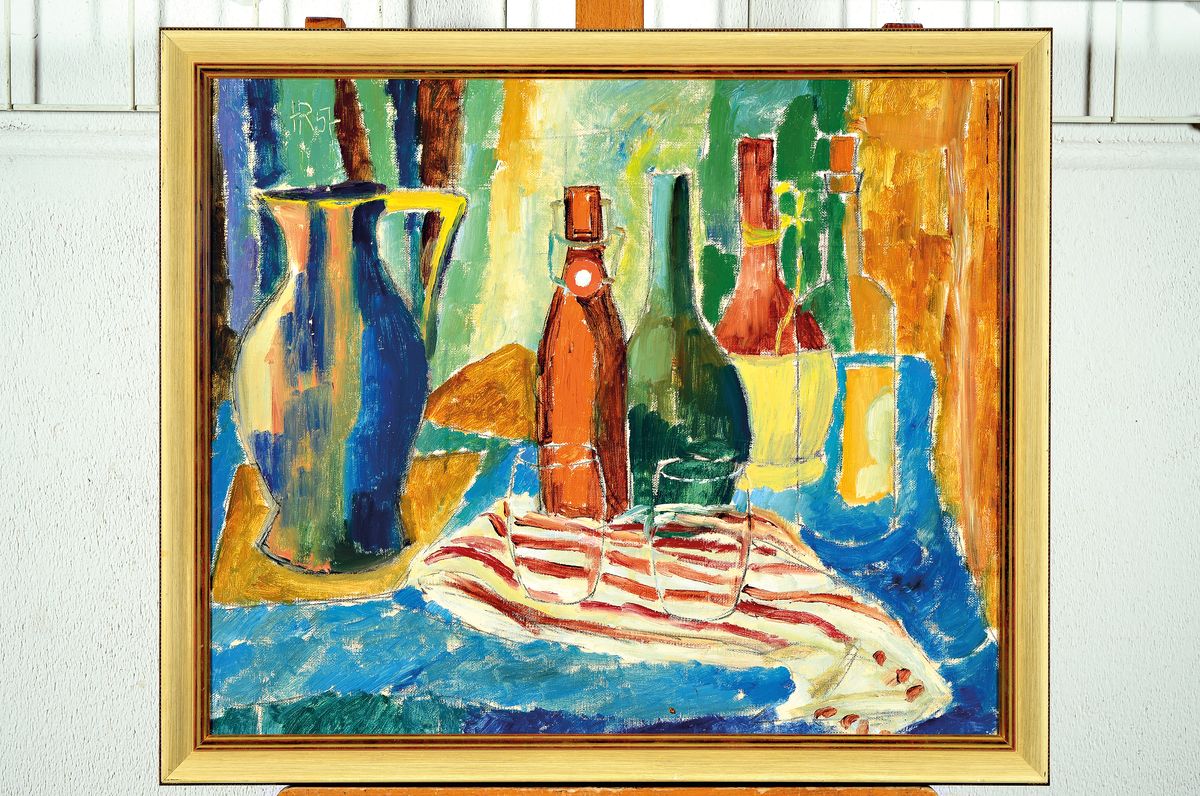 Heinz Reiss, 1923-2012 Haßloch, Stillleben mit Flaschen und Krug, Öl/Malkarton, links oben monogr. und dat. 57, ca. 50x60cm, R. ca. 57x67cm