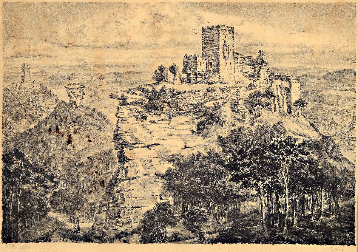 Heirnich Strieffler, 1872 Neustadt/Wstr.-1949 Landau, 2 handsignierte Lithographien, Trifels und Weinleseszene, je ca. 25x36cm, gebräunt, fleckig, ...