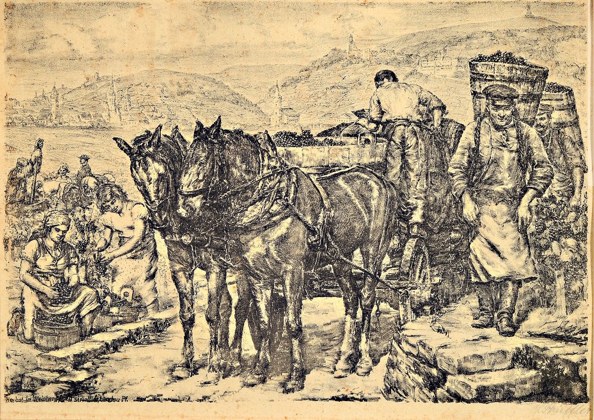 Detail a: Heirnich Strieffler, 1872 Neustadt/Wstr.-1949 Landau, 2 handsignierte Lithographien, Trifels und Weinleseszene, je ca. 25x36cm, gebräunt, fleckig, ...