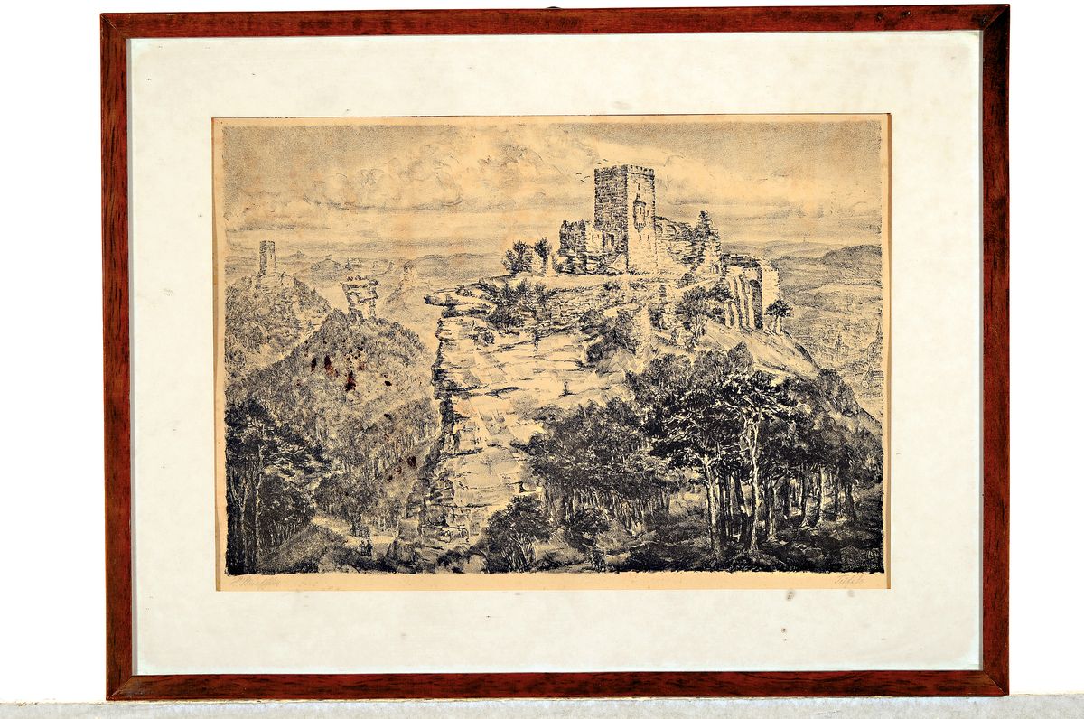 Detail k: Heirnich Strieffler, 1872 Neustadt/Wstr.-1949 Landau, 2 handsignierte Lithographien, Trifels und Weinleseszene, je ca. 25x36cm, gebräunt, fleckig, ...