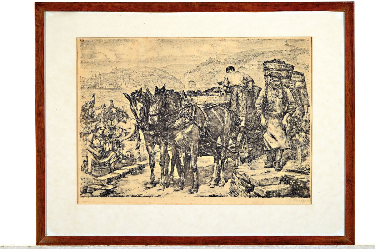 Detail l: Heirnich Strieffler, 1872 Neustadt/Wstr.-1949 Landau, 2 handsignierte Lithographien, Trifels und Weinleseszene, je ca. 25x36cm, gebräunt, fleckig, ...