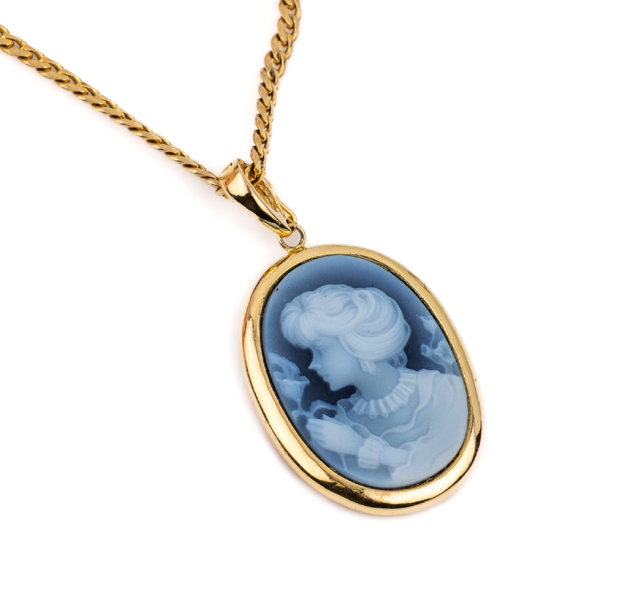 14 kt Gold Anhänger mit Lagensteinkamee, GG 585/000, an Flachpanzerkette, GG 585/000, Lagenstein mit Mädchenportrait nach klass. Vorbild, ca. 3 x ...