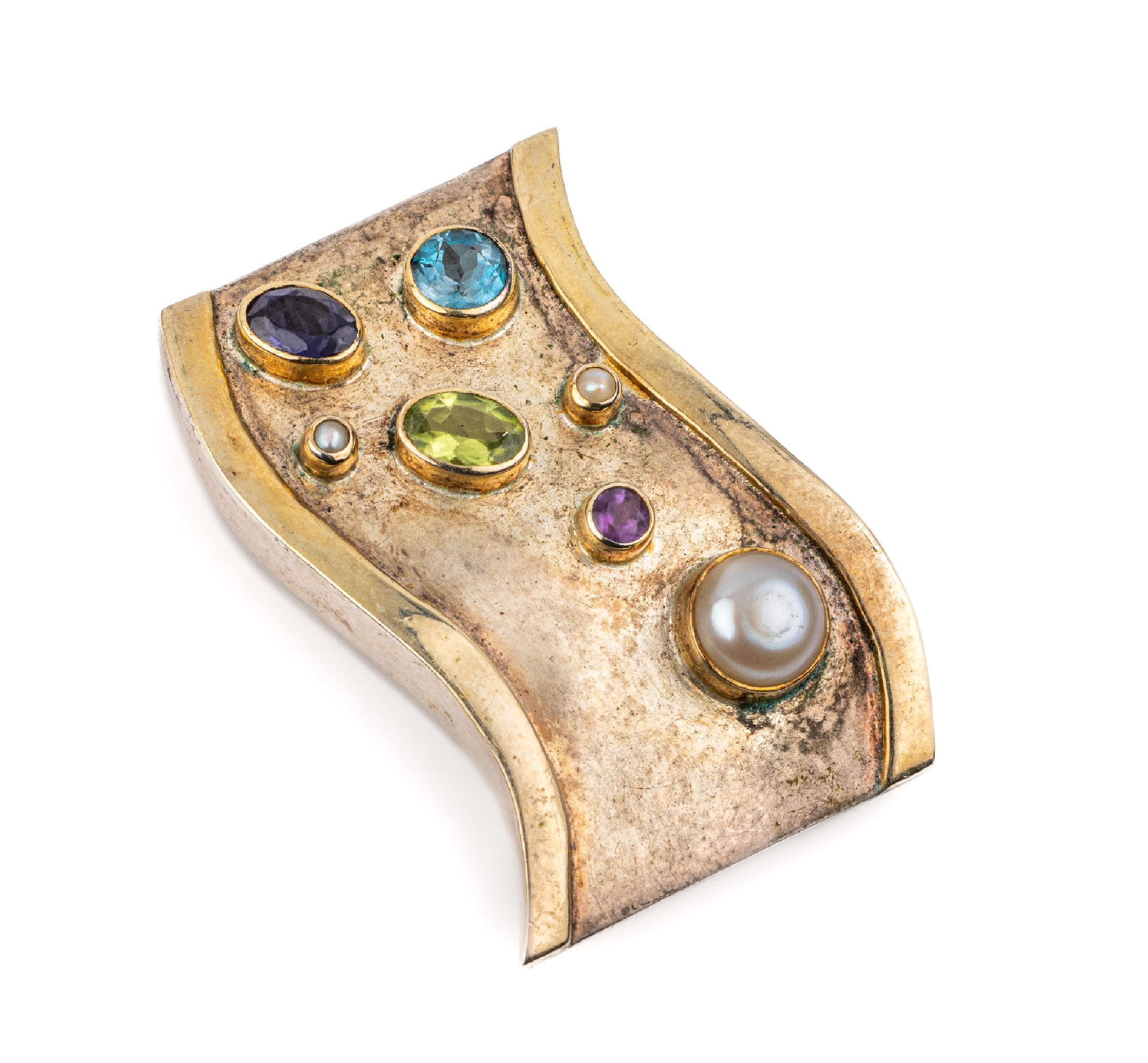 925er Silber und Gold Designer-Brosche/ Anhänger, 3 Perlen, 1 Amethyst, 1 Topas, 1 Turmalin und 1 Iolith, ca. 4 x 2.5 cm