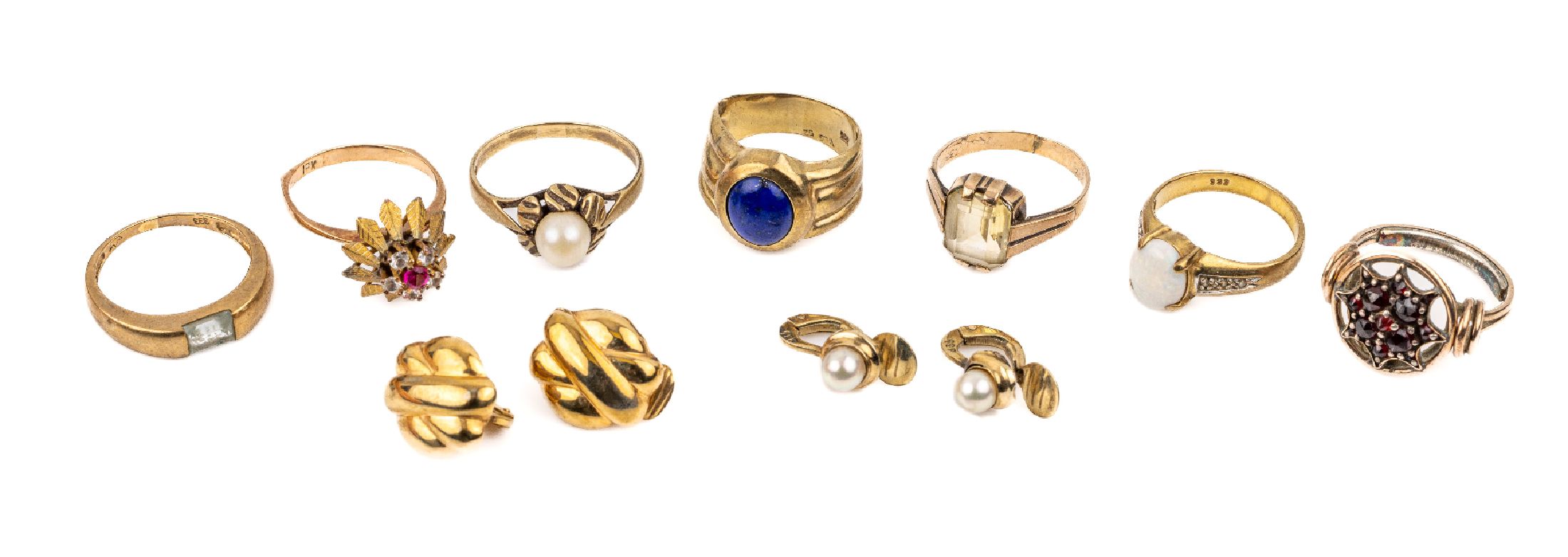 Konvolut 8 kt Gold Schmuck, GG 333/000, 7 Ringe und 2 Paar Ohrclips, versch. Steinbesatz, total ca. 24.3 g