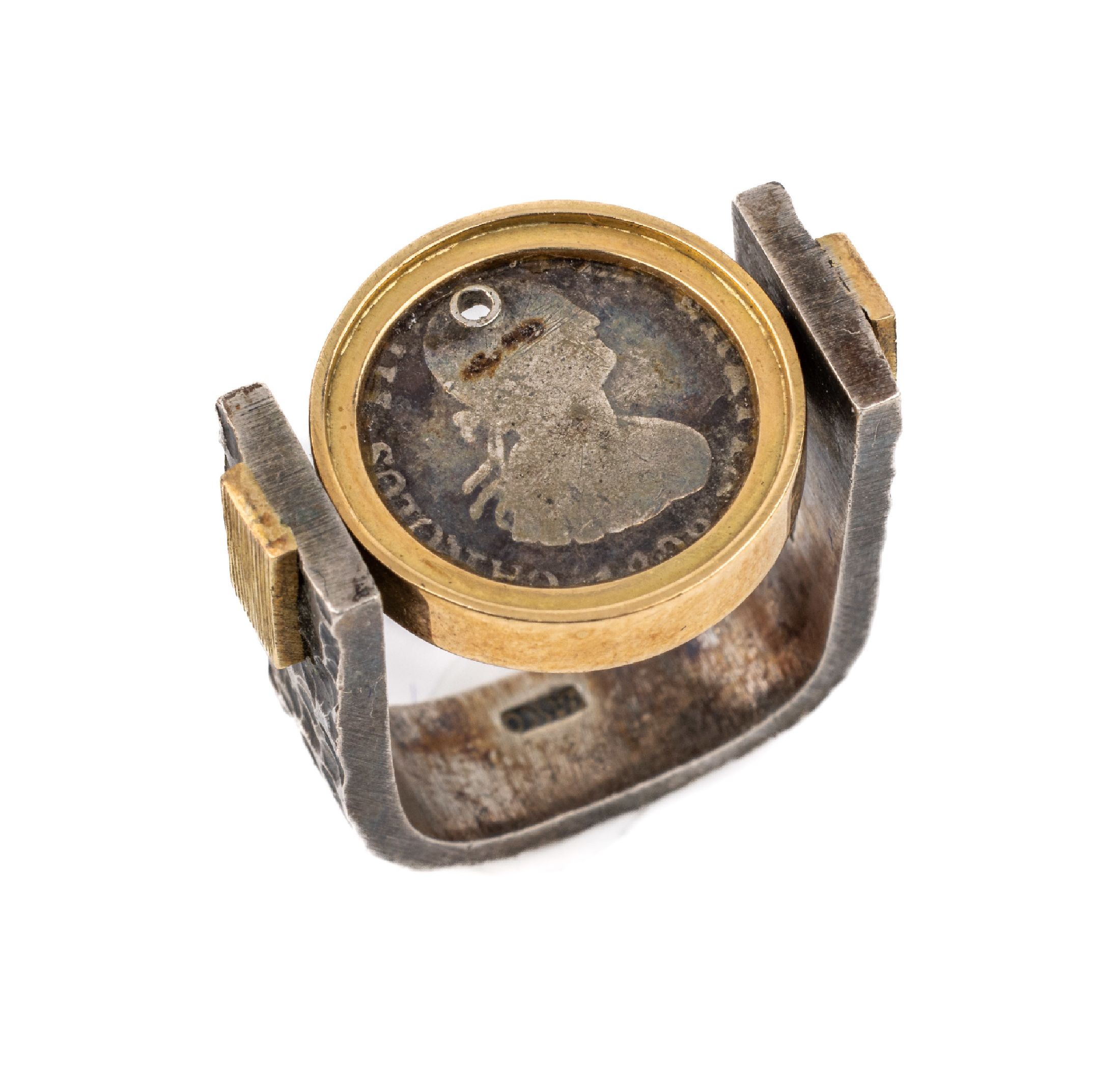 18 kt Gold und Silber Ring mit antiker Münze, GG 750/000 und 925er Silber, eingearbeitet antike Münze drehbar, RW 54