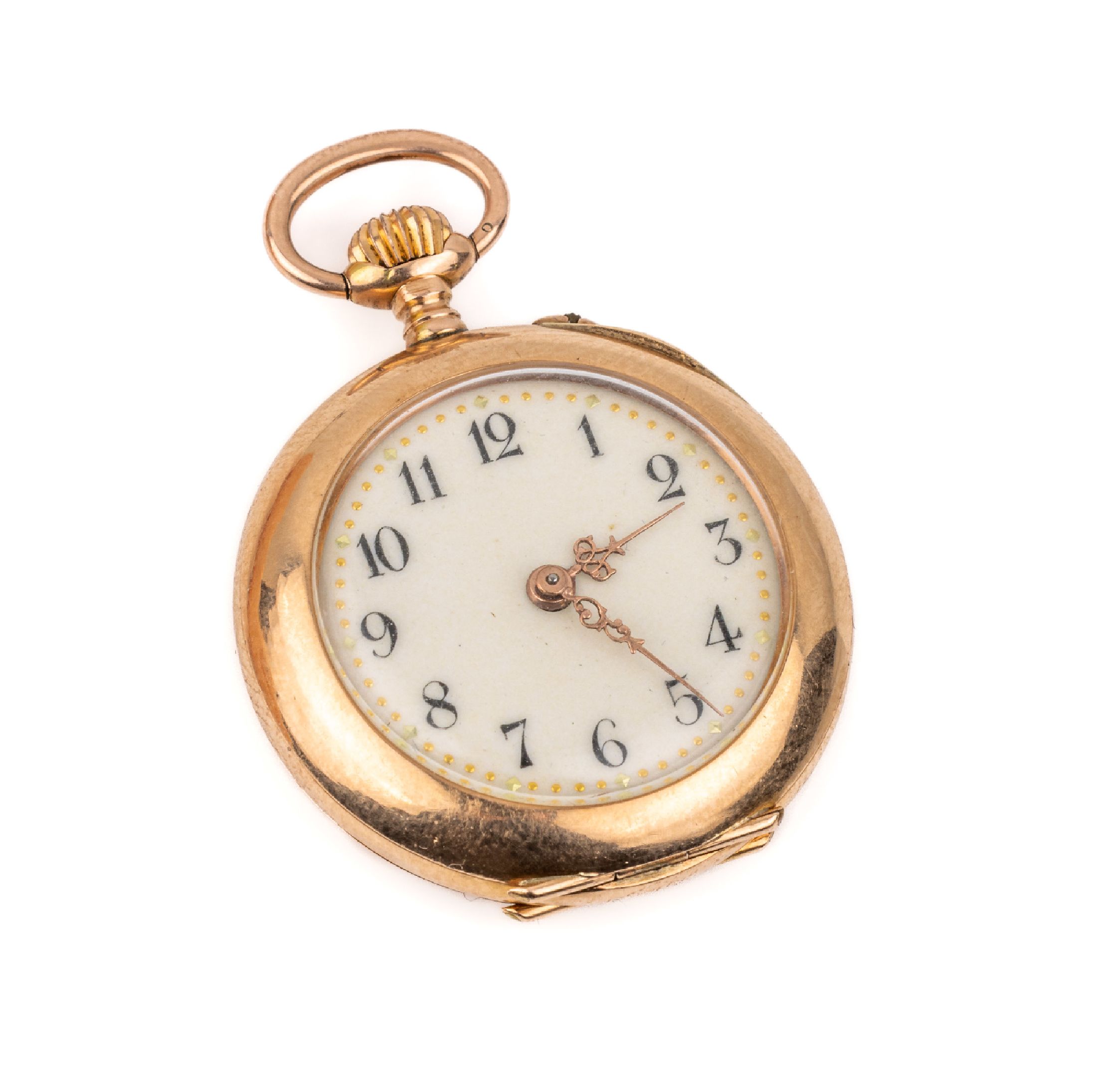 14 kt Gold Damentaschenuhr, GG 585/000, weißes emailliertes Ziffernblatt, schwarze arabische Indizes, Louis XVI-Zeiger, Staubdeckel Metall, D. ca. ...