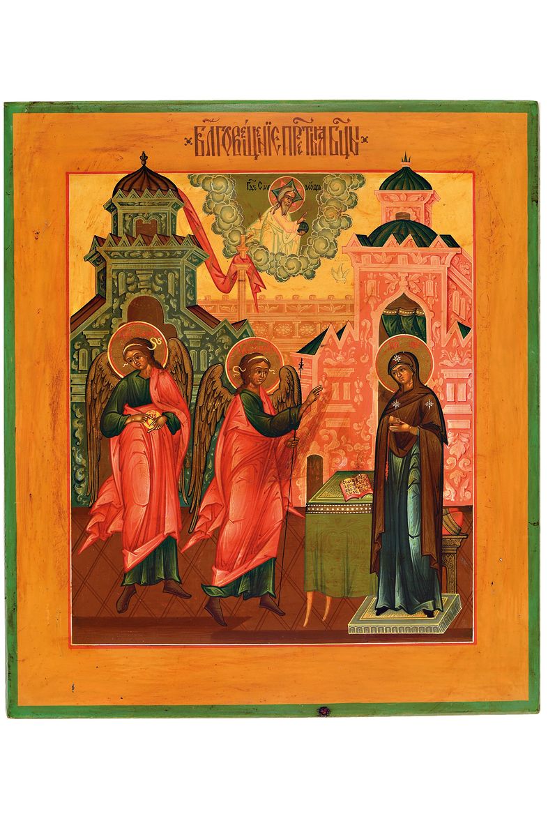 Verkündigungs-ikone, Russland, 19./20.Jh.,, Tempera auf Holz, Maria Verkündigung in byzantinischer Manier, Alterssp., unten l. best., 36x31 cm