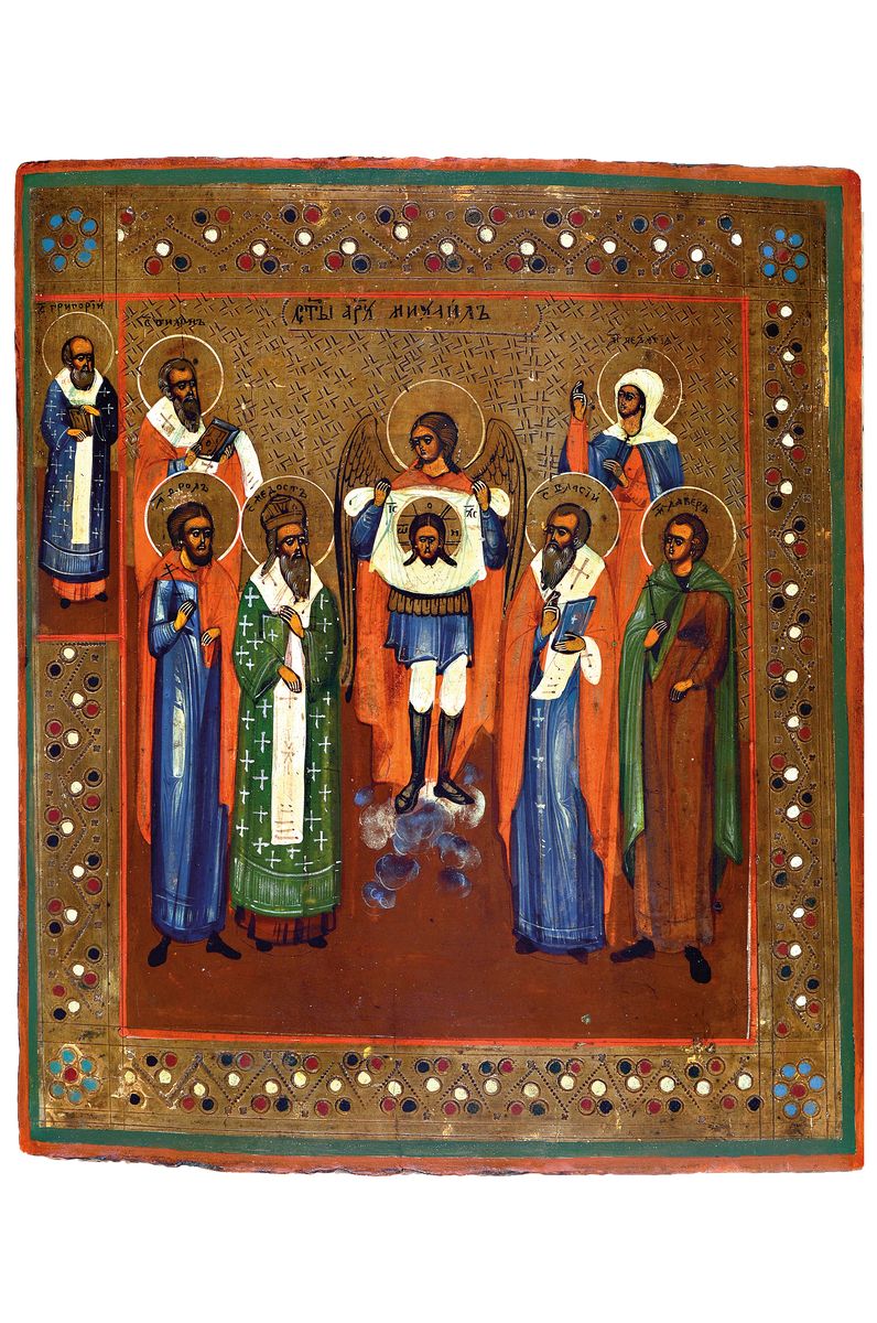Ikone, Russland, 19./20.Jh., Tempera auf Holz, ein Engel mit der Vera Icon, flankiert von 7 Kirchenvätern und Heiligen, Alterssp., 31x26 cm