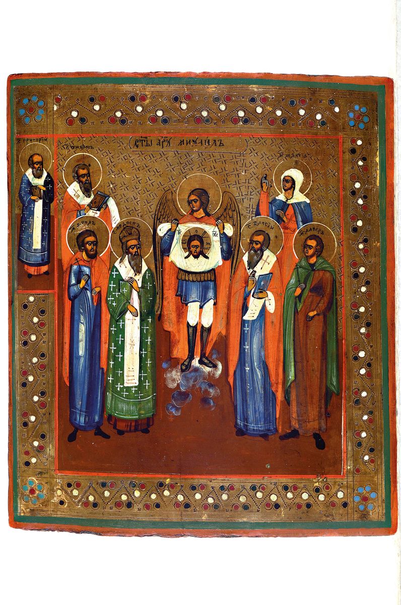 Detail k: Ikone, Russland, 19./20.Jh., Tempera auf Holz, ein Engel mit der Vera Icon, flankiert von 7 Kirchenvätern und Heiligen, Alterssp., 31x26 cm