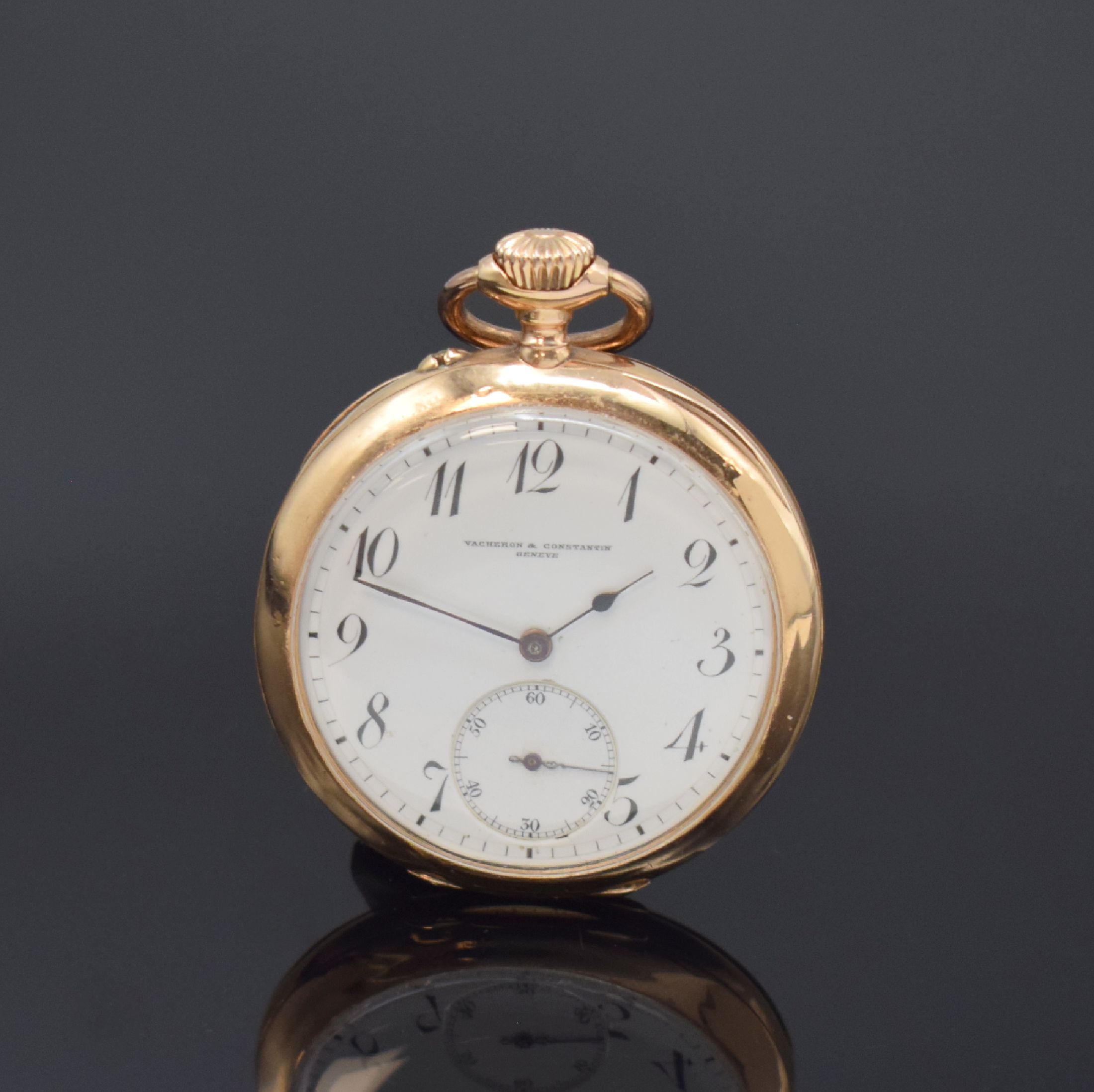 VACHERON & CONSTANTIN offene Taschenuhr in RoséG 585/000, Schweiz um 1900, 3-Deckel- Goldgeh. dell., Rückdeckel m. Monogramm, Cuvette m. Widmung, ...