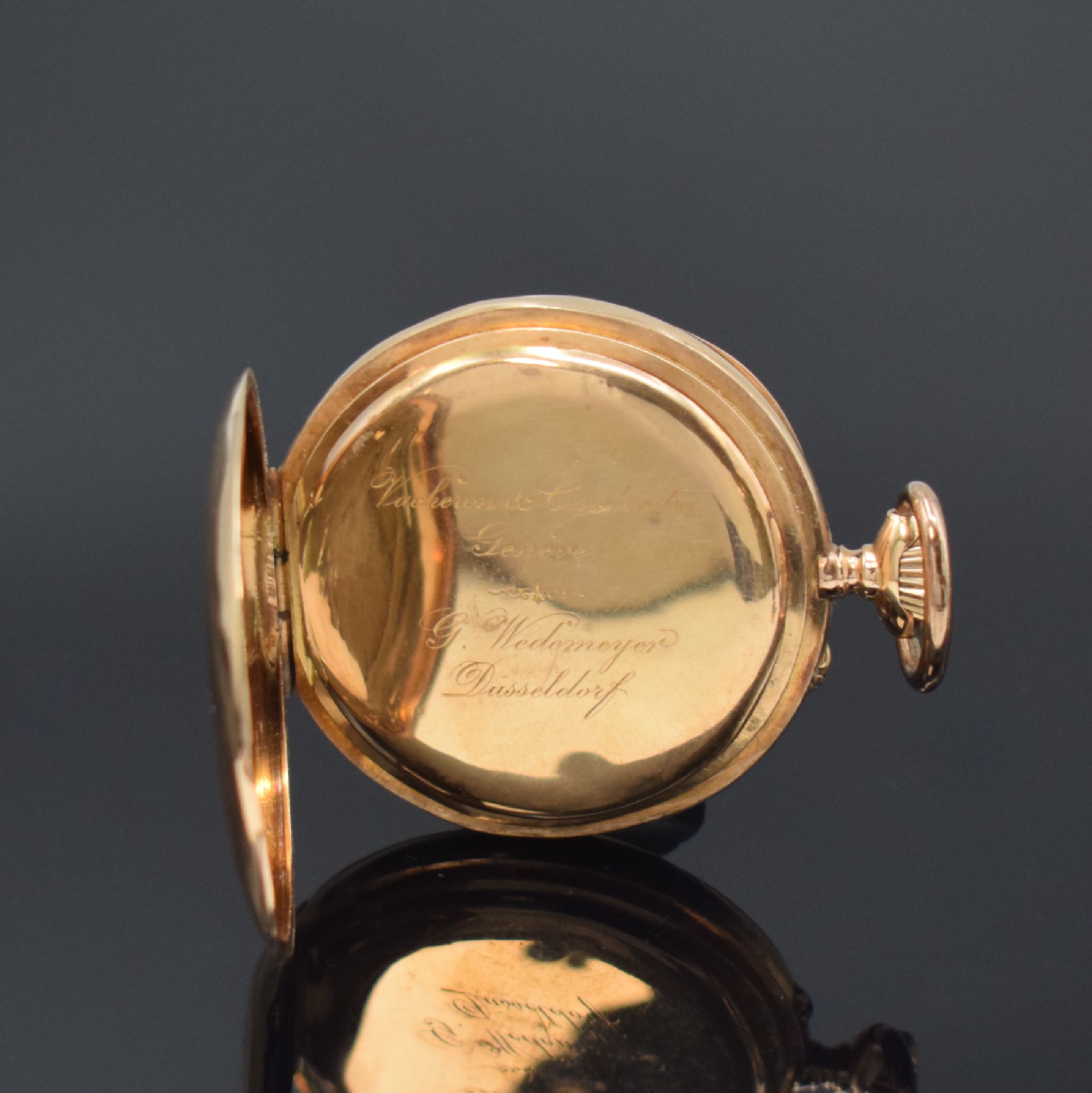 Detail c: VACHERON & CONSTANTIN offene Taschenuhr in RoséG 585/000, Schweiz um 1900, 3-Deckel- Goldgeh. dell., Rückdeckel m. Monogramm, Cuvette m. Widmung, ...