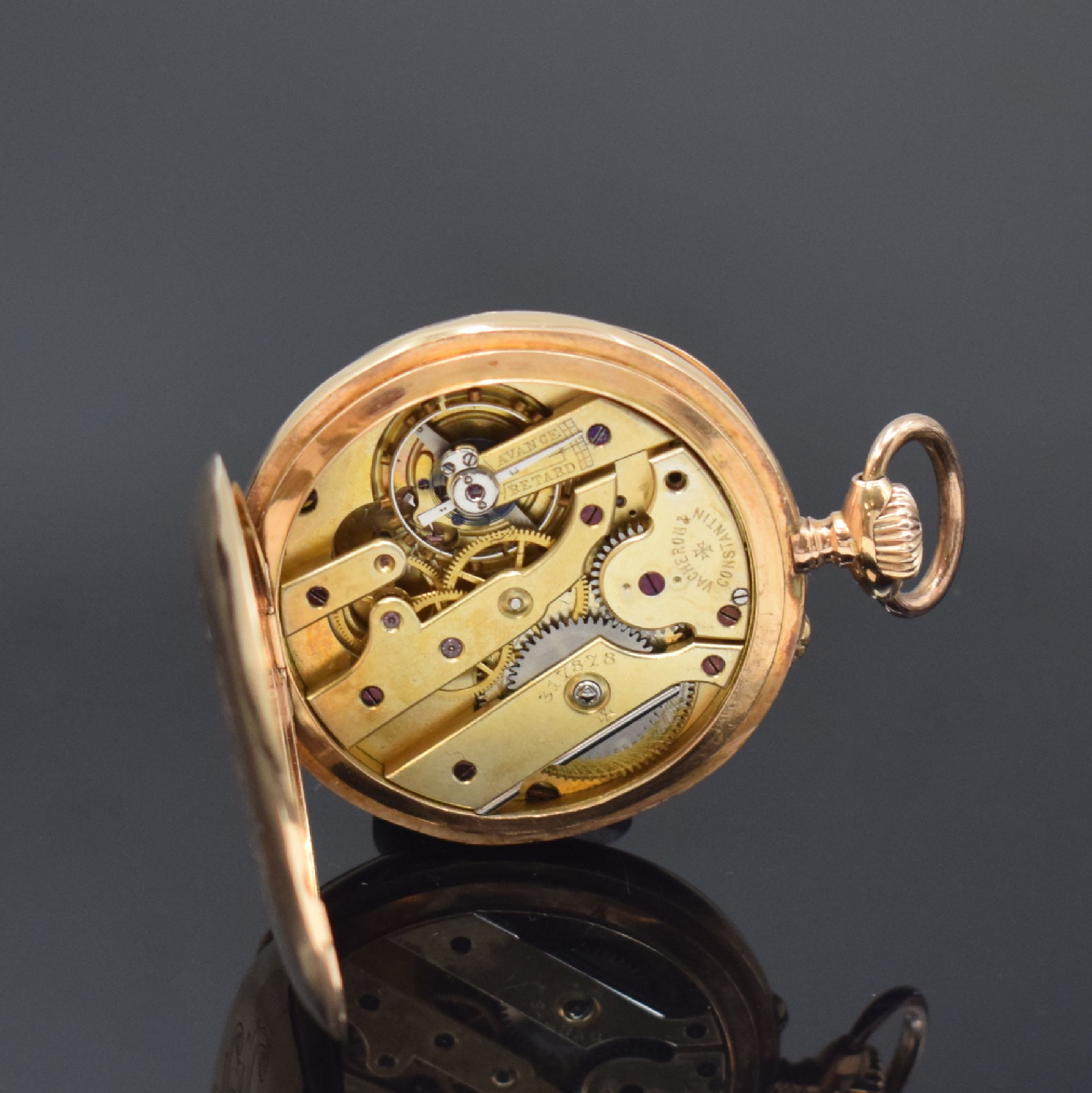 Detail e: VACHERON & CONSTANTIN offene Taschenuhr in RoséG 585/000, Schweiz um 1900, 3-Deckel- Goldgeh. dell., Rückdeckel m. Monogramm, Cuvette m. Widmung, ...