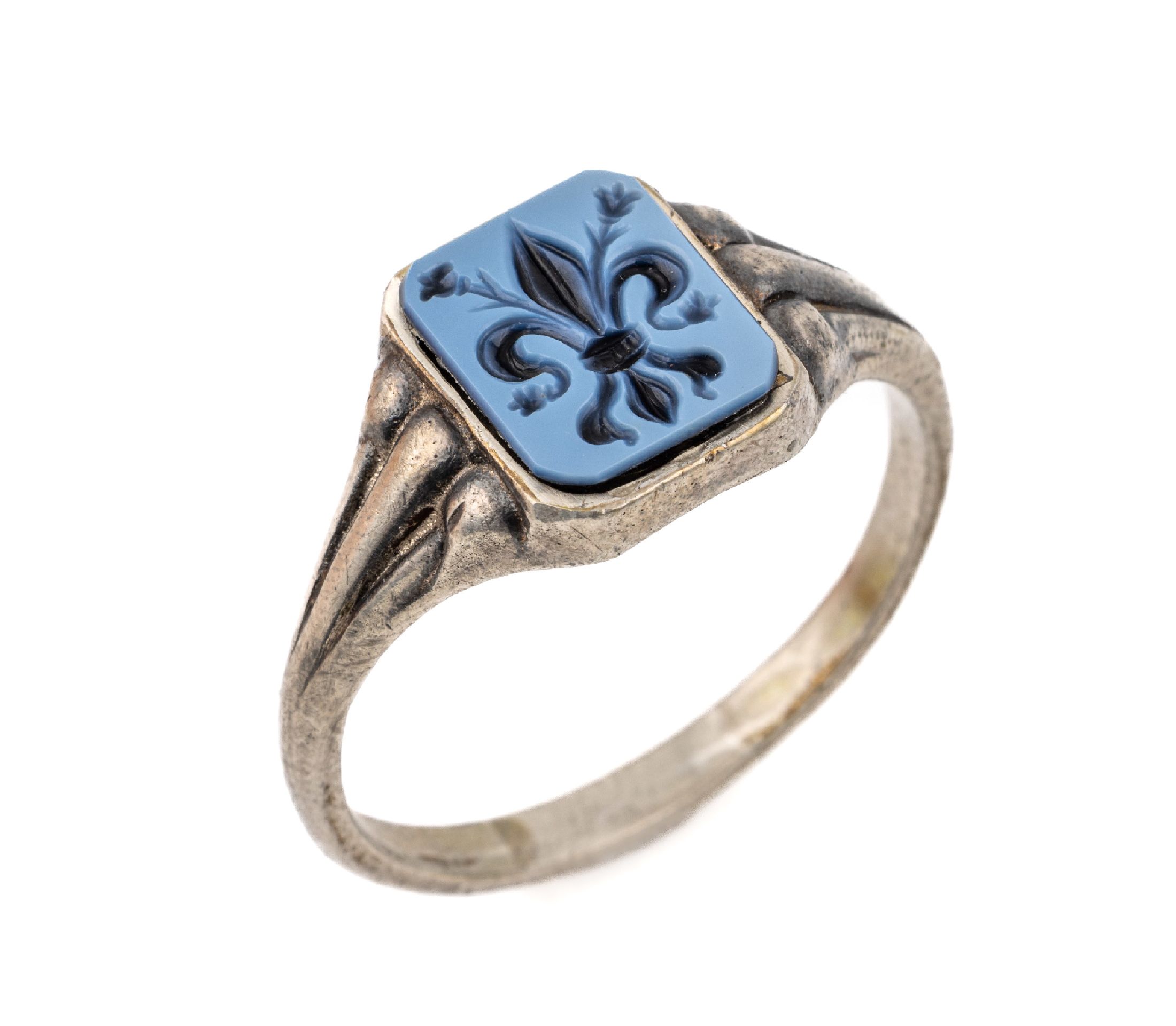 Siegelring, Lagenstein Idar-Oberstein um 1920, Silber, Platte mit Darstellung einer heraldischen Lilie, Ringschultern grav., RW 73ca. 6.1 g, ...