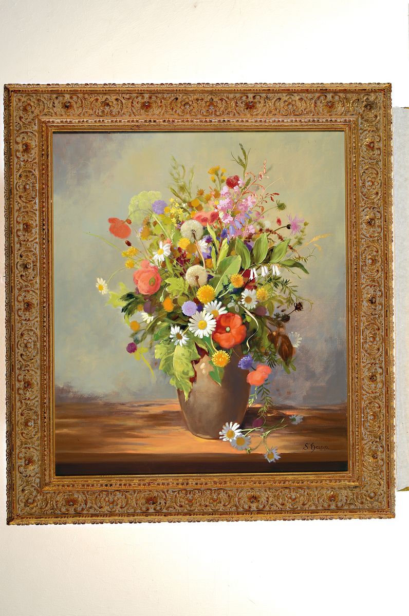 Detail k: Sepp Happ, geb. 1912 Bad Brückenau, Stillleben mit Feldblumen, Öl/Lwd, rechts unten signiert, ca. 70x60cm, R. ca. 89x79cm, mit Urkunde des ...
