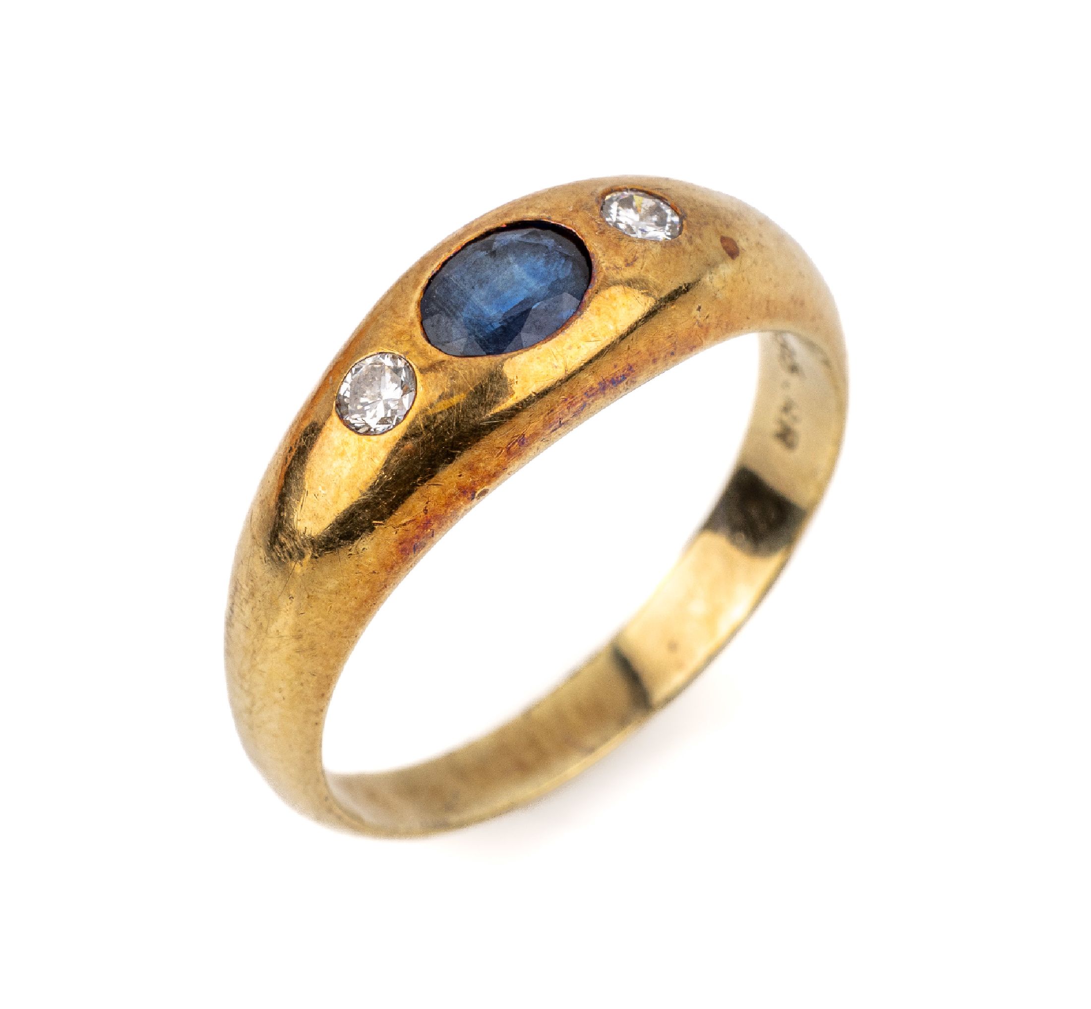 14 kt Gold Saphir-Brillant-Ring, GG 585/000, ovalfacett. Saphir ca. 0.20 ct, seitl. 2 Brillanten zus. ca. 0.08 ct Weiß/si, RW 53, ca. 4.1 g