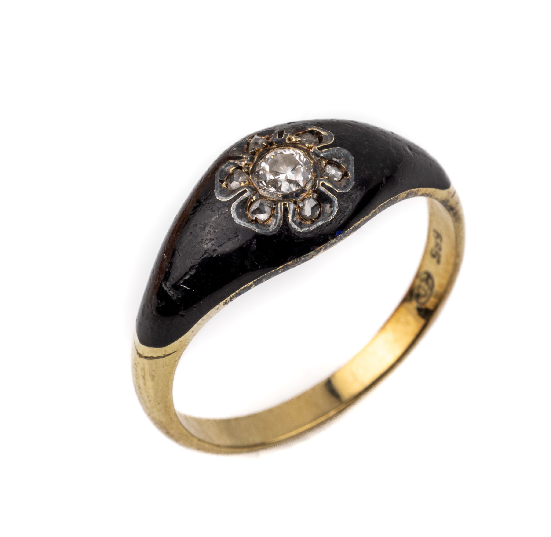 14 kt Gold Email-Diamant-Ring, um 1860, GG 585/000, Ringkopf schwarz emailliert, berieben, Diamant und Diamantrosen blütenförmig gefasst, RW 56, ...