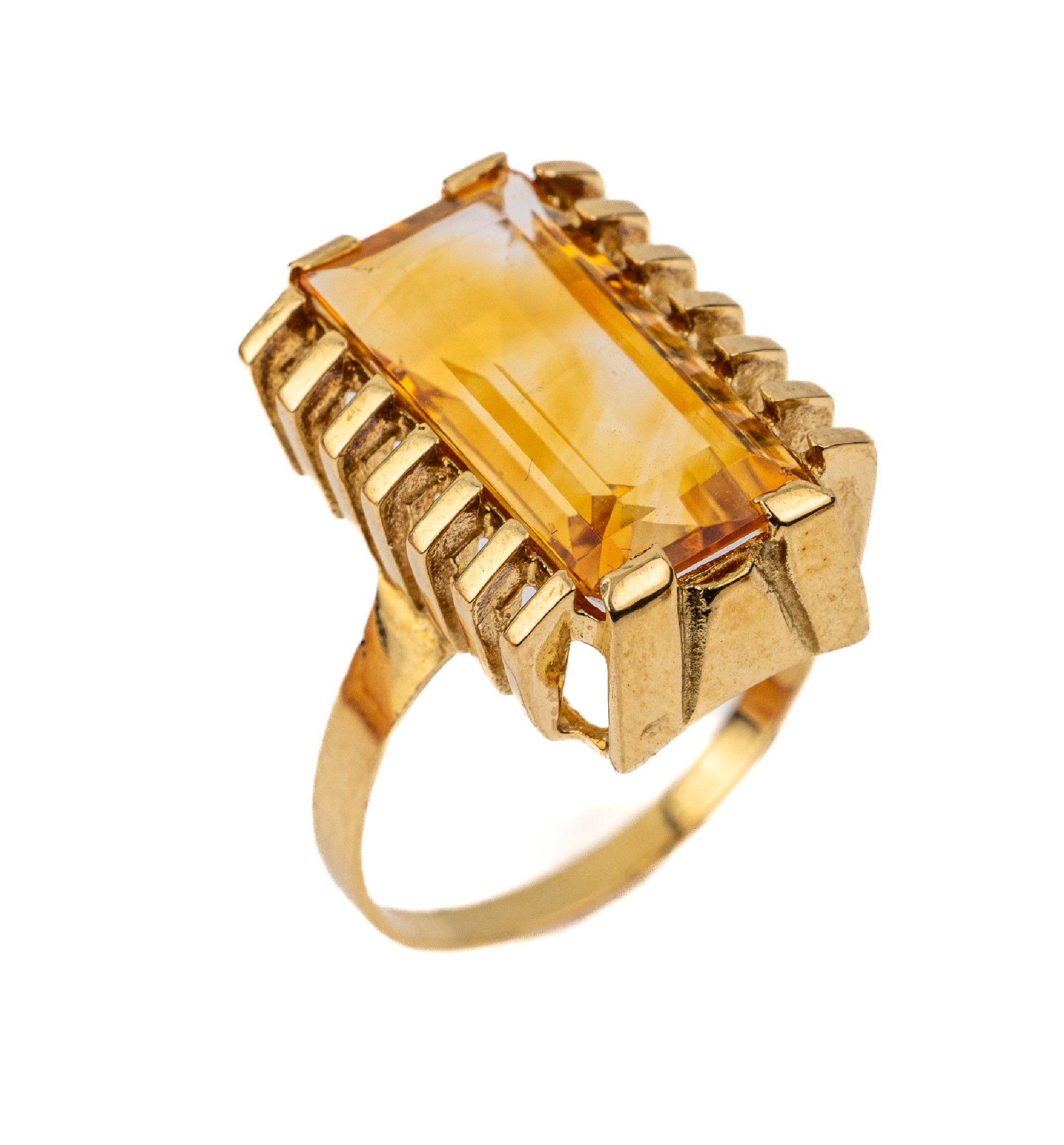 14 kt Gold Citrin Ring, GG 585/000, rechteckigfacett. Citrin, sollte nachgefasst werden, hochaufbauend, RW 55, ca. 5.1 g
