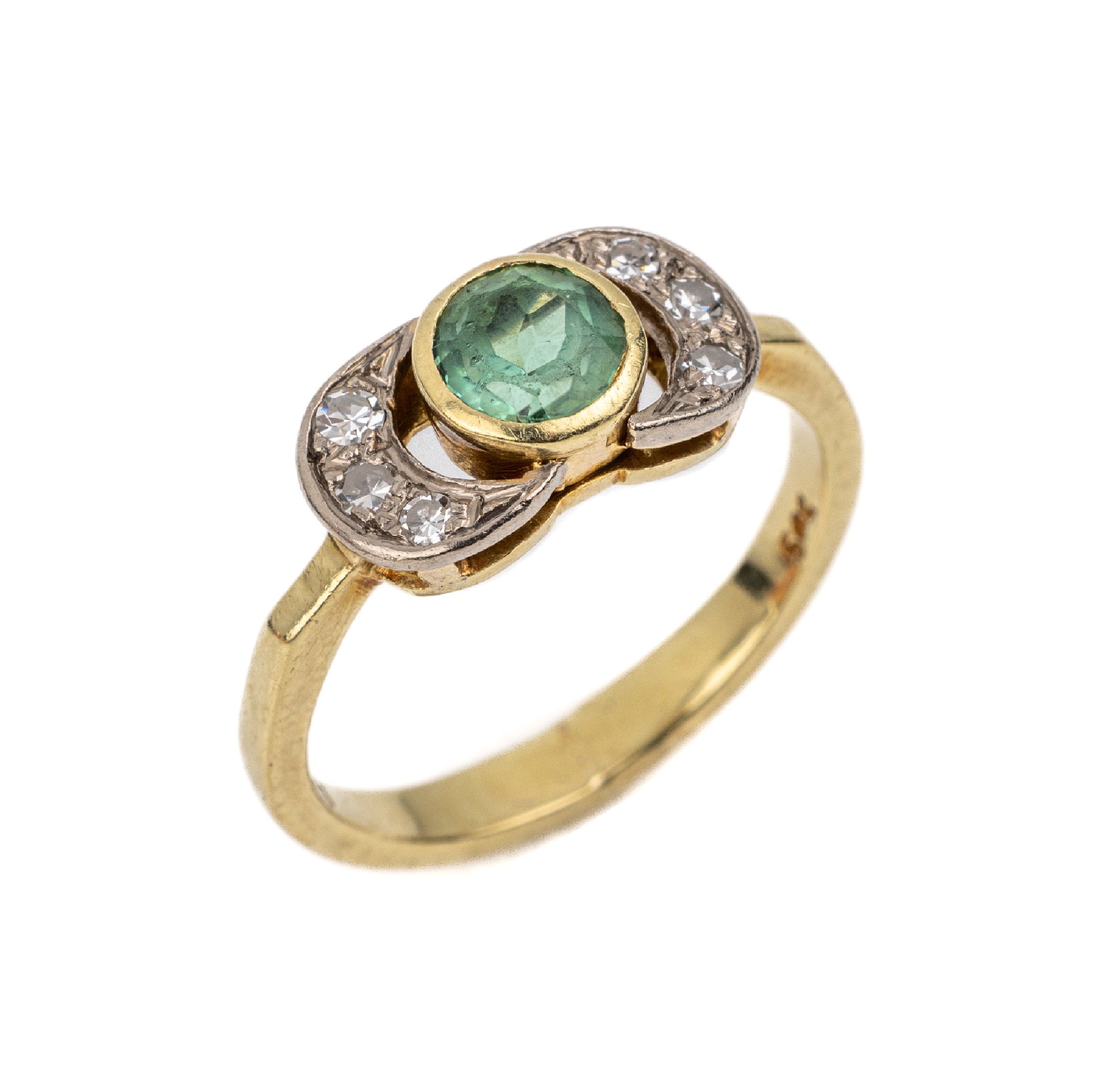 14 kt Gold Farbstein Diamant Ring, GG 585/000, mittig rundfacett. grüner Farbstein, 6 8/8 Diamanten zus. ca. 0.15 ct, RW 55, ca. 4.5 g