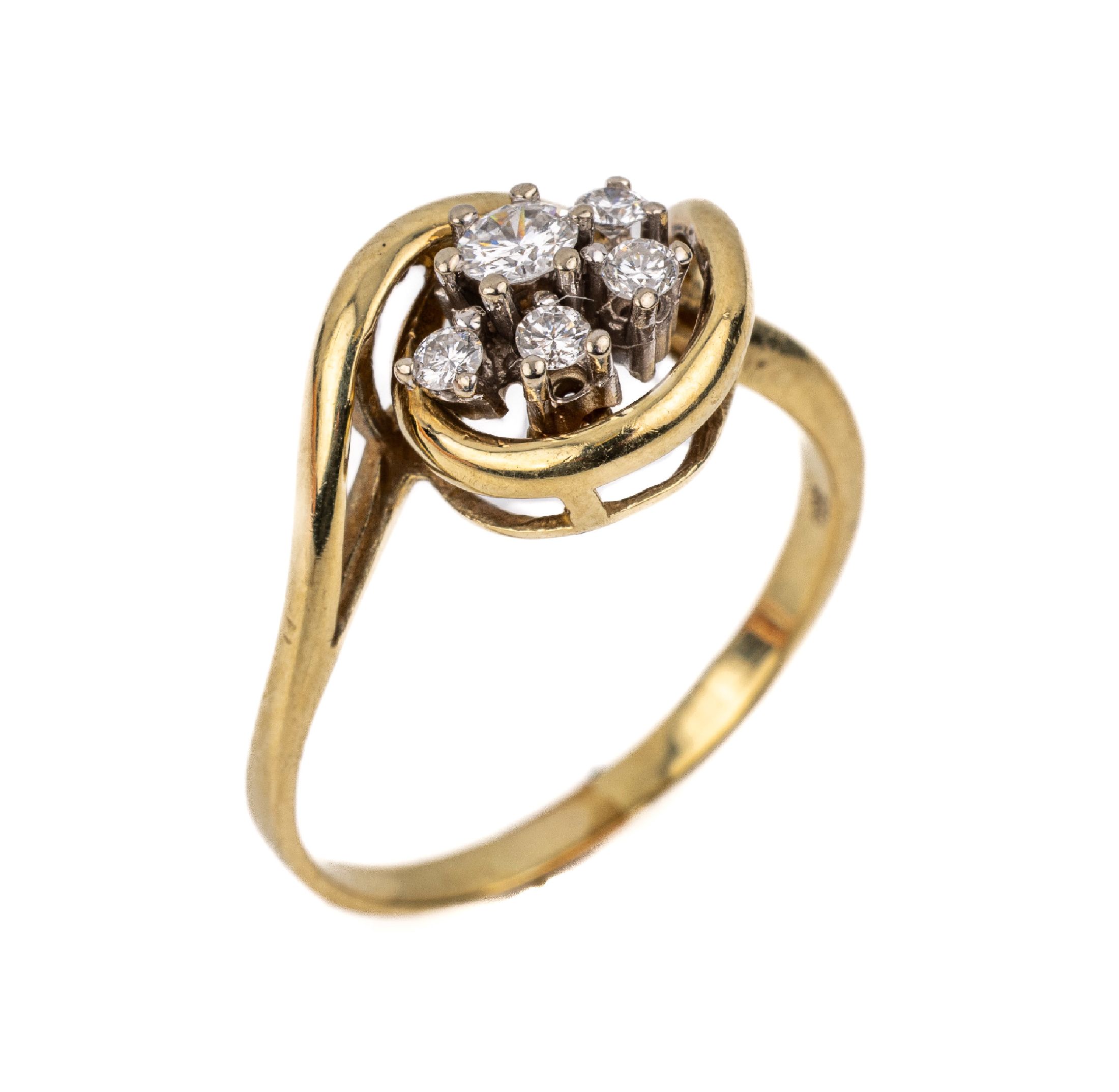 14 kt Gold Diamant Ring, GG 585/000, 5 Diamanten zus. 0.27 ct Weiß/si, RW 58, ca. 3.3g