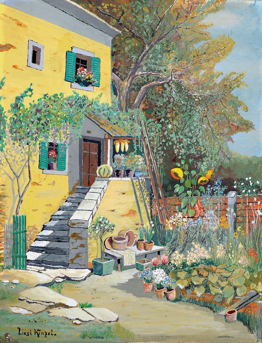 Liesl (Elisabeth Hermine) Kinzel, 1886 Wien-1961 Spitz, Der Garten vor dem Haus, Aquarell auf Papier, links unten signiert, ca. 32 x 25 cm