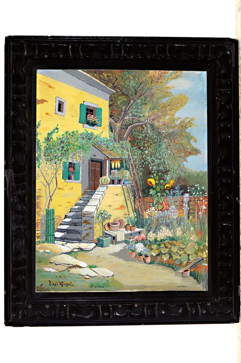 Detail k: Liesl (Elisabeth Hermine) Kinzel, 1886 Wien-1961 Spitz, Der Garten vor dem Haus, Aquarell auf Papier, links unten signiert, ca. 32 x 25 cm