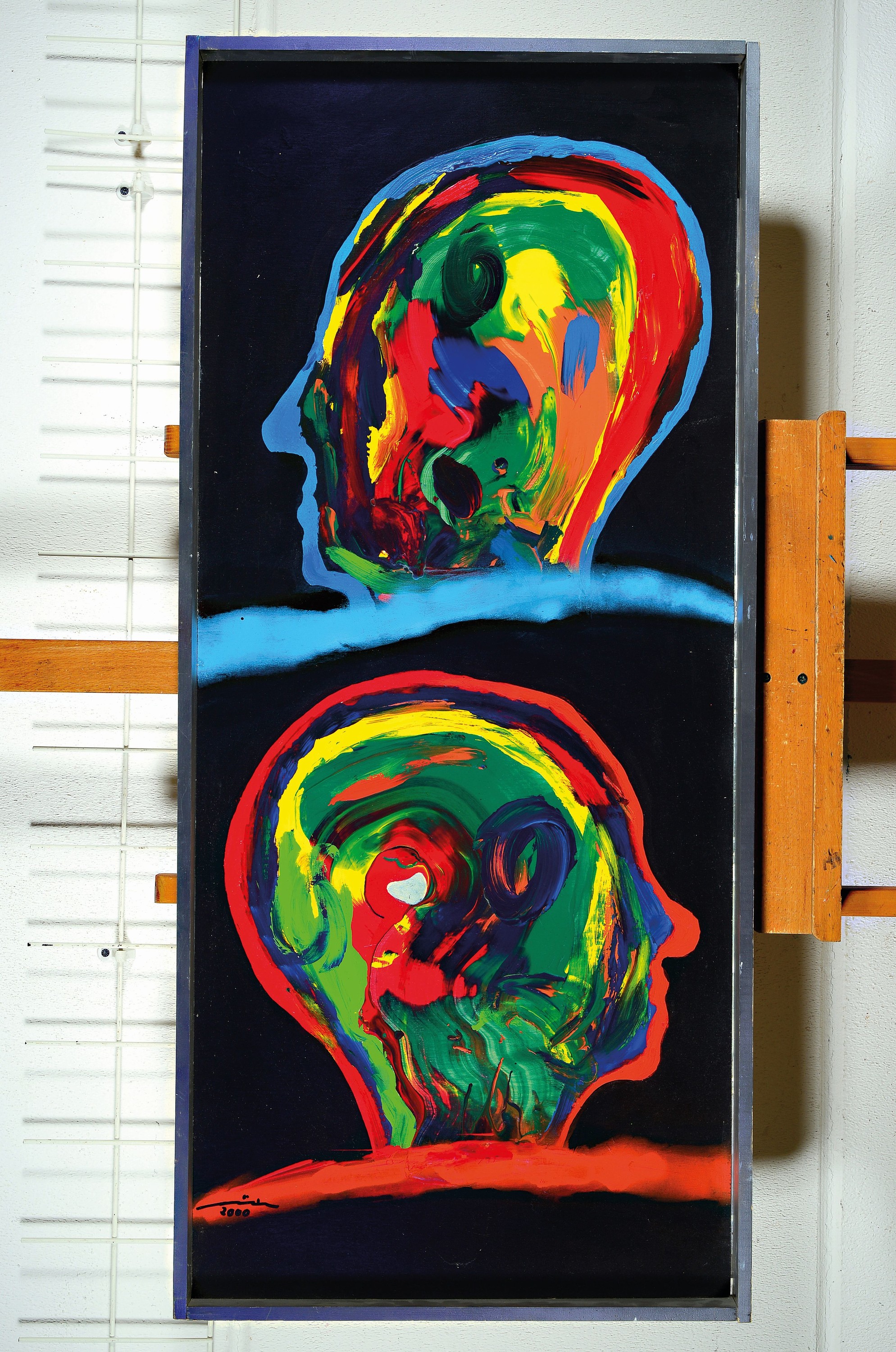 Detail k: Burghard Hüdig, 1933 Essen-2020 Stuttgart, Abstrakte Köpfe, Acryl/Holz, links unten sign. und dat. 2000, ca. 118x50cm