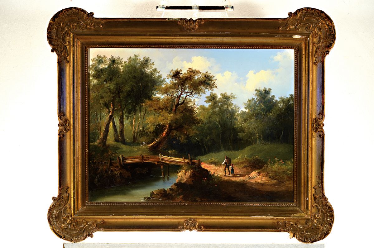 Detail k: Unbekannter Romantiker, 2. Hälfte 19. Jh., Vater mit Tochter auf dem Weg über eine Brücke in den Wald, unsigniert, Öl/Lwd, 48x64cm, Prunkrahmen ...