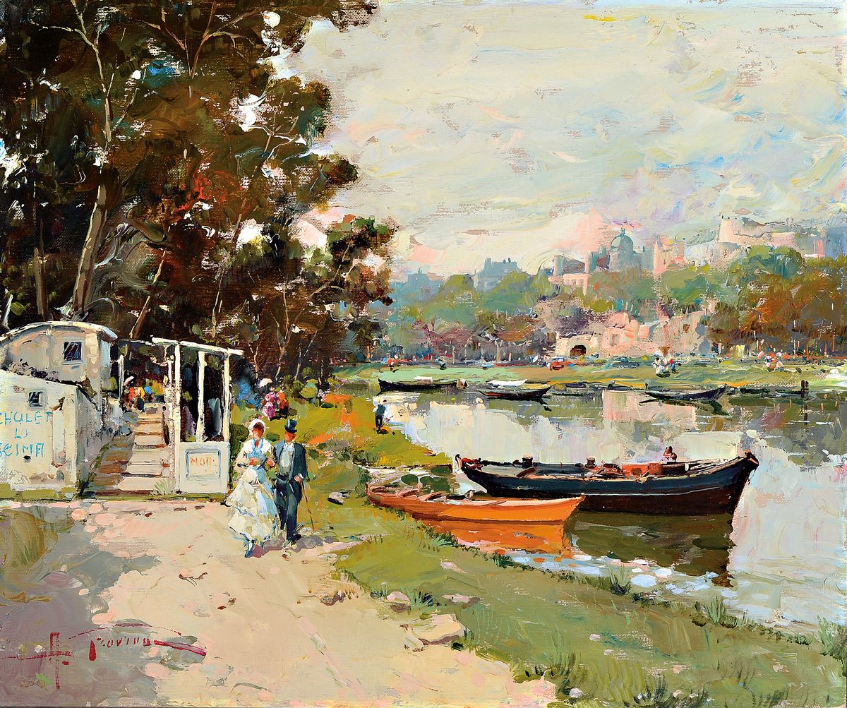 Antonio Gravina, 1934 Florenz-2011, Spaziergänger am Flußufer, postimpressionistische Auffassung, Öl/Lwd, links unten signiert, verso bezeichnet, ...
