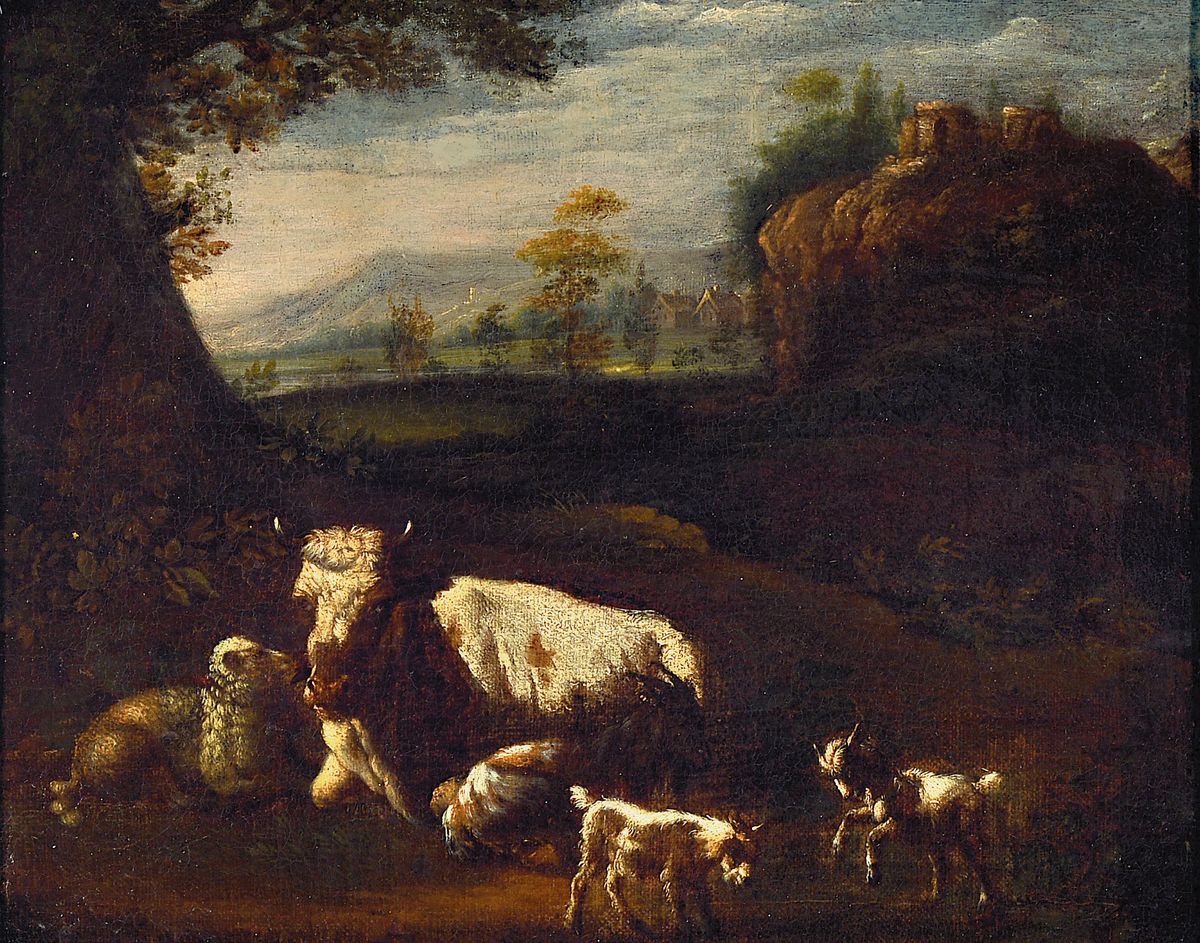 Johann Heinrich Roos, 1631-1685, Pastorale mit Kuh, Schaf und Ziegen in idealer Landschaft mit Ruine, Öl/Lwd, rest., doubl., rechts unten signiert ...