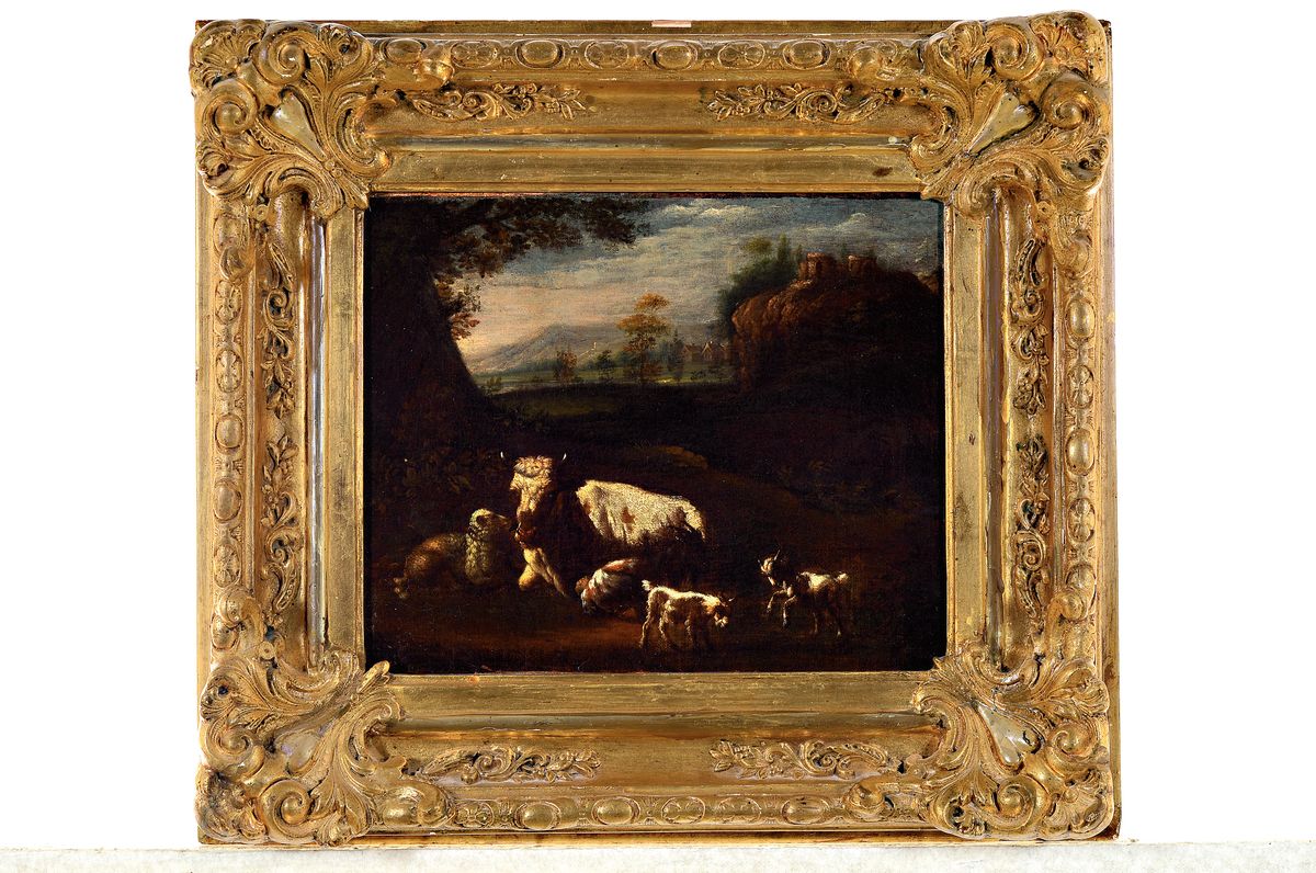 Detail k: Johann Heinrich Roos, 1631-1685, Pastorale mit Kuh, Schaf und Ziegen in idealer Landschaft mit Ruine, Öl/Lwd, rest., doubl., rechts unten signiert ...