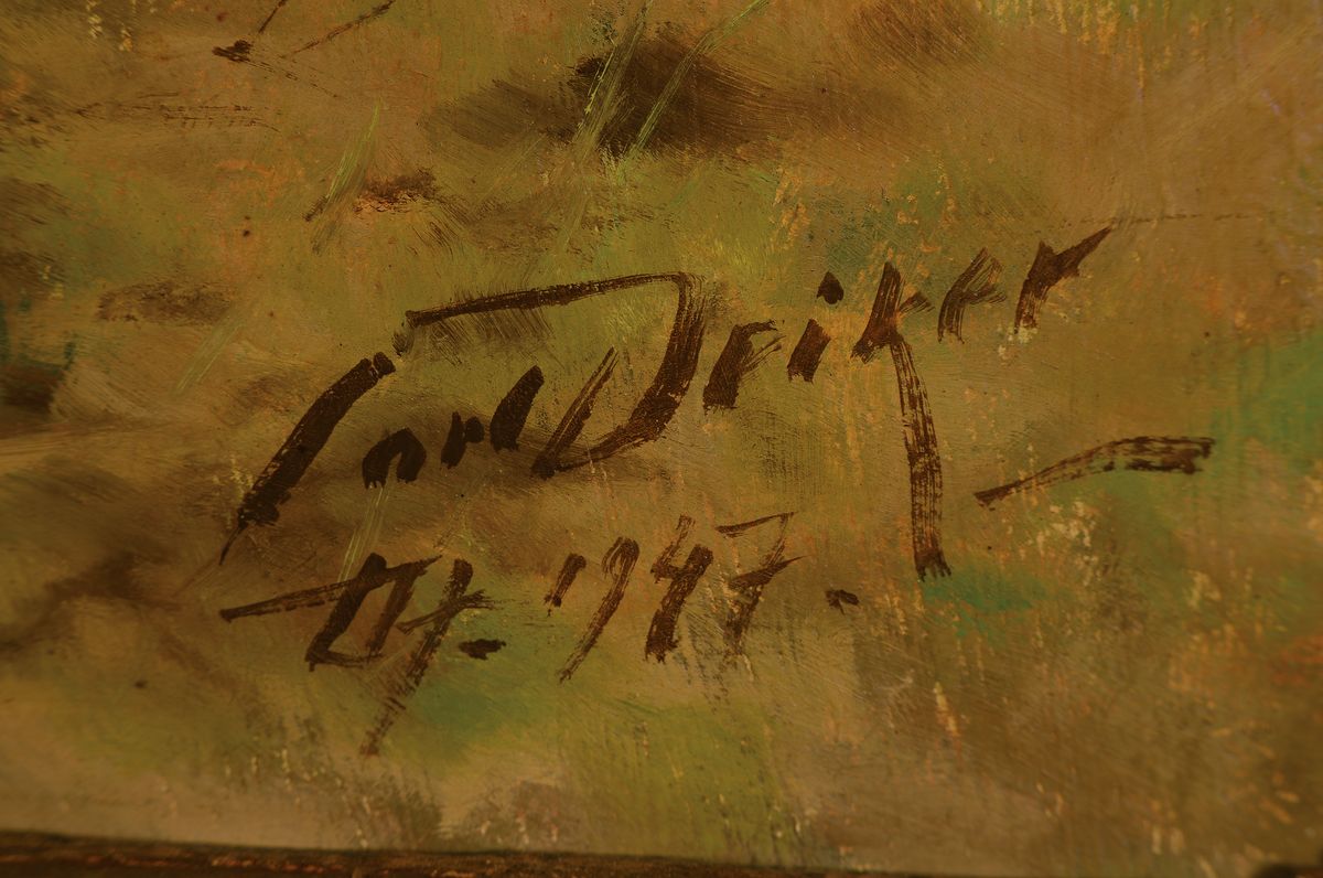 Detail a: Karl Deiker, 1879-1958 Düsseldorf, Balzende Birkhühner auf einer Lichtung, Öl/Hartfaser, rechts unten sign. und dat. 07 .1947, ca. 60x80cm, ...