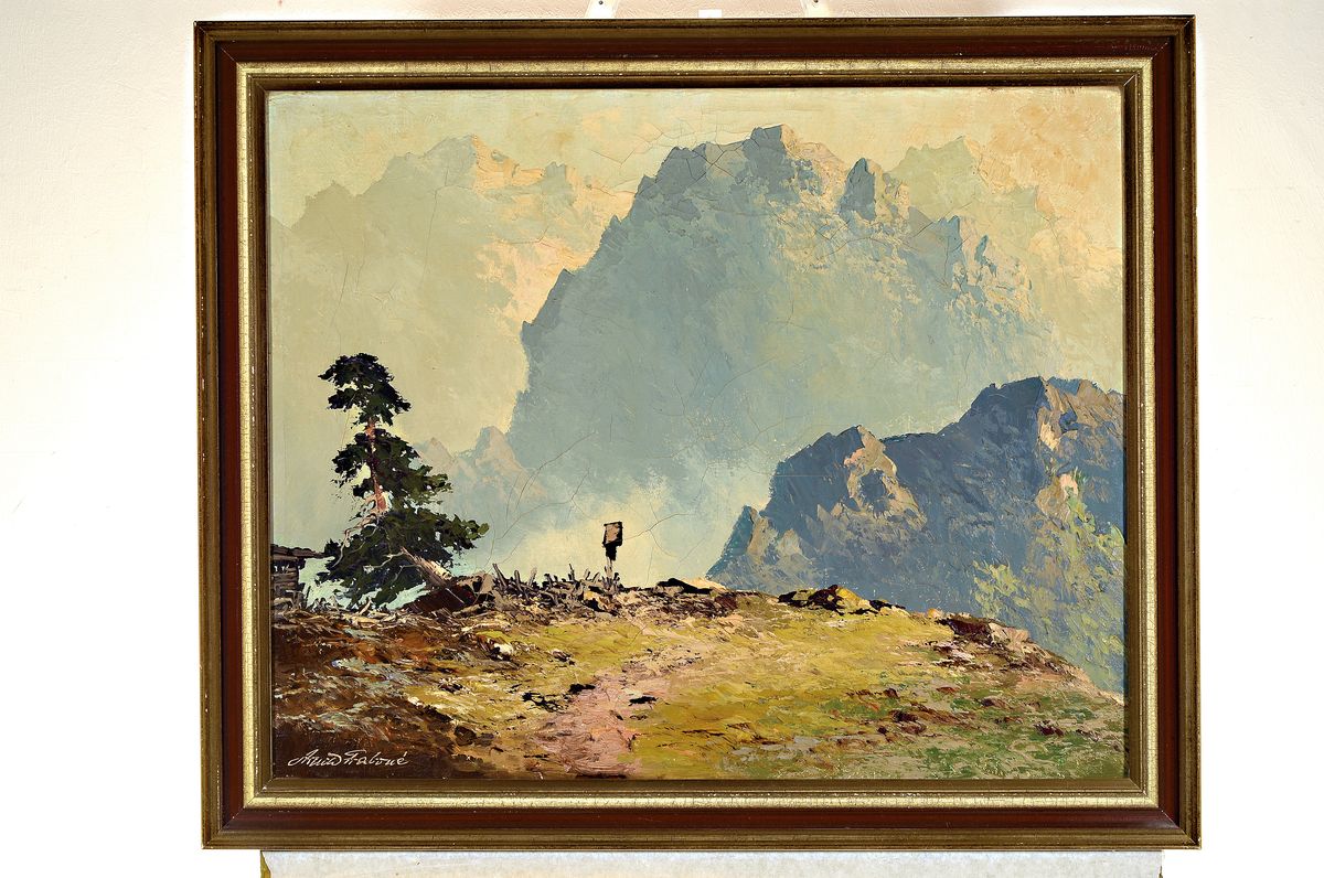 Detail k: Arnold Graboné, 1896 München-Percha, Hochgebirgslandschaft mit Marterl, Öl/Lwd, expressiver Pinselduktus, teils gespachtelt, links unten signiert, ...