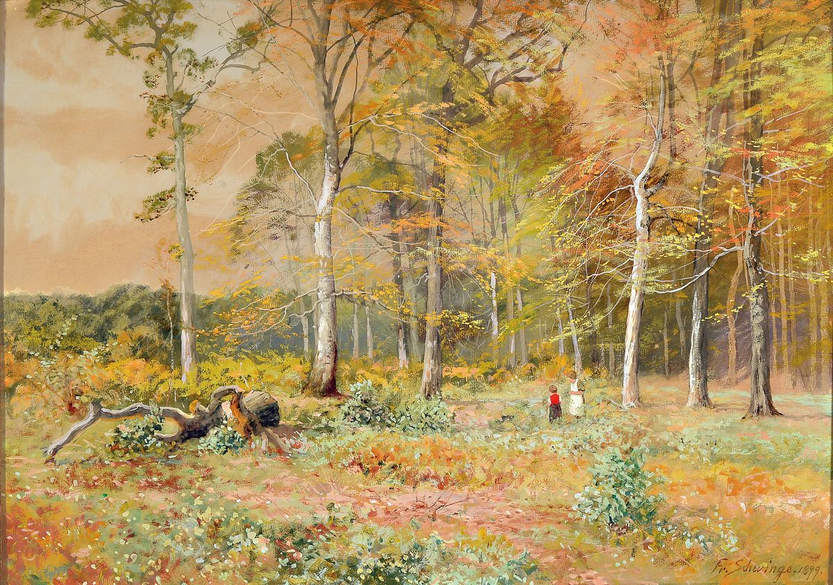 Friedrich Schwinge, 1852-1913 Hamburg, Kinderpaar am Rand eines herbstlichen Birkenwaldes, Aquarell auf Papier, rechts unten signiert und dat. 1899, ...