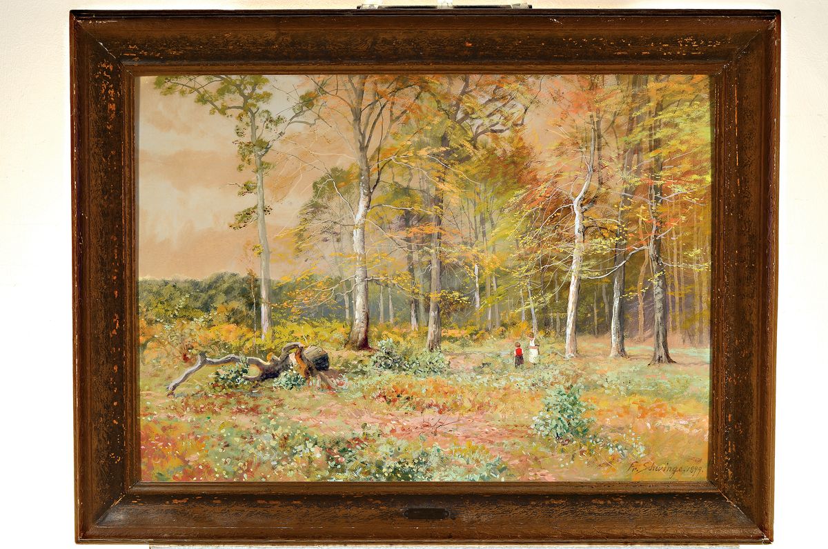 Detail k: Friedrich Schwinge, 1852-1913 Hamburg, Kinderpaar am Rand eines herbstlichen Birkenwaldes, Aquarell auf Papier, rechts unten signiert und dat. 1899, ...