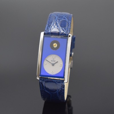 Image BUNZ Moontime rectangular wristwatch, Switzerland, quartz, two-piece construction case, case back screwed-down 4-times, beautiful blue dial with moon phase and time display, Arabic numerals, blued steel hands, measures approx. 41 x 26 mm, condition 2