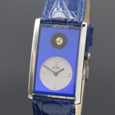 26700230a - BUNZ Moontime rectangular wristwatch, Switzerland, quartz, two-piece construction case, case back screwed-down 4-times, beautiful blue dial with moon phase and time display, Arabic numerals, blued steel hands, measures approx. 41 x 26 mm, condition 2