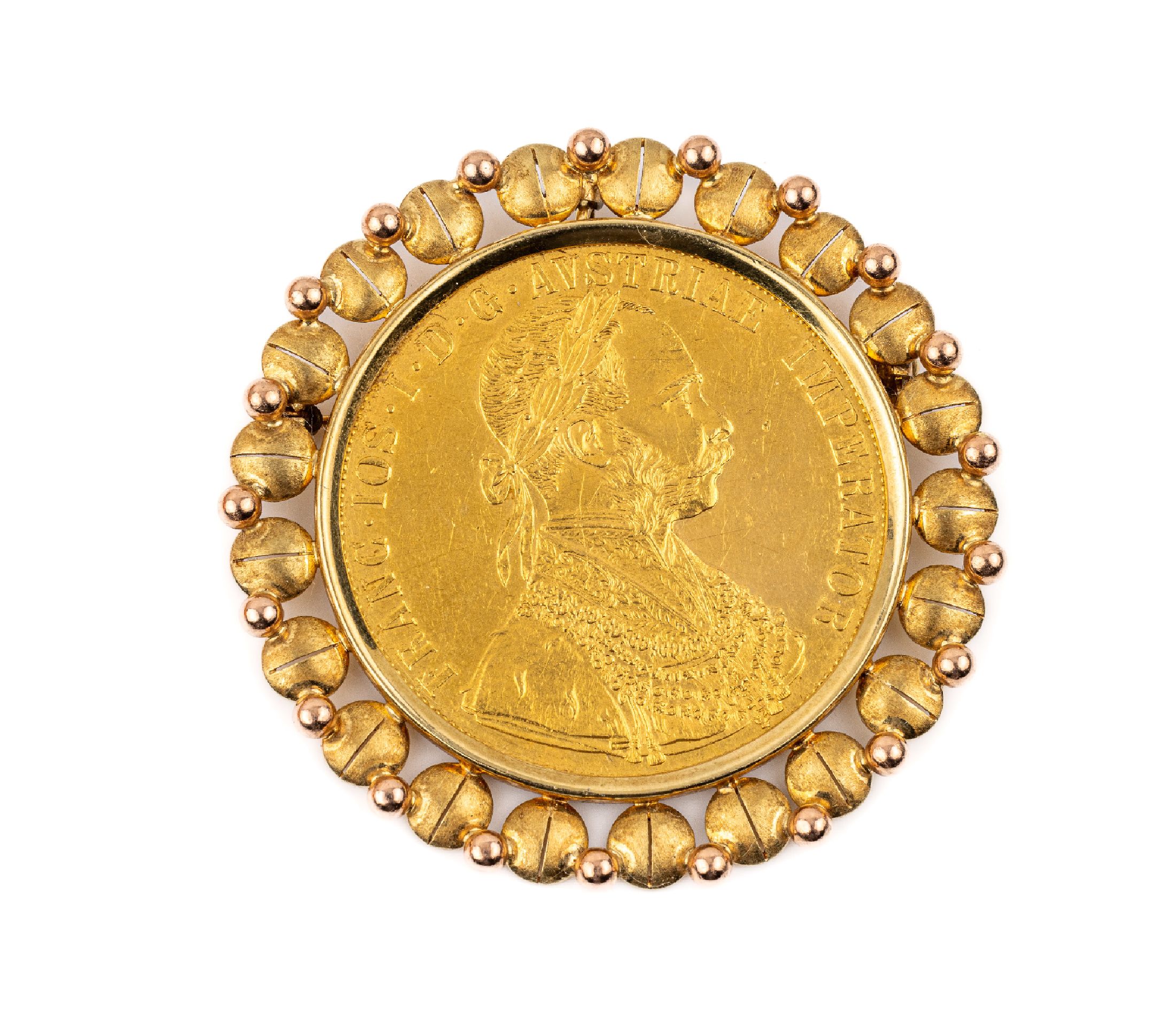 14 kt Gold Münzanhänger, GG/RG 585/000 undDukatengold, 4 Dukaten, Österreich-Ungarn 1915Franz Joseph I., offizielle Nachprägung, Fassung mit ...