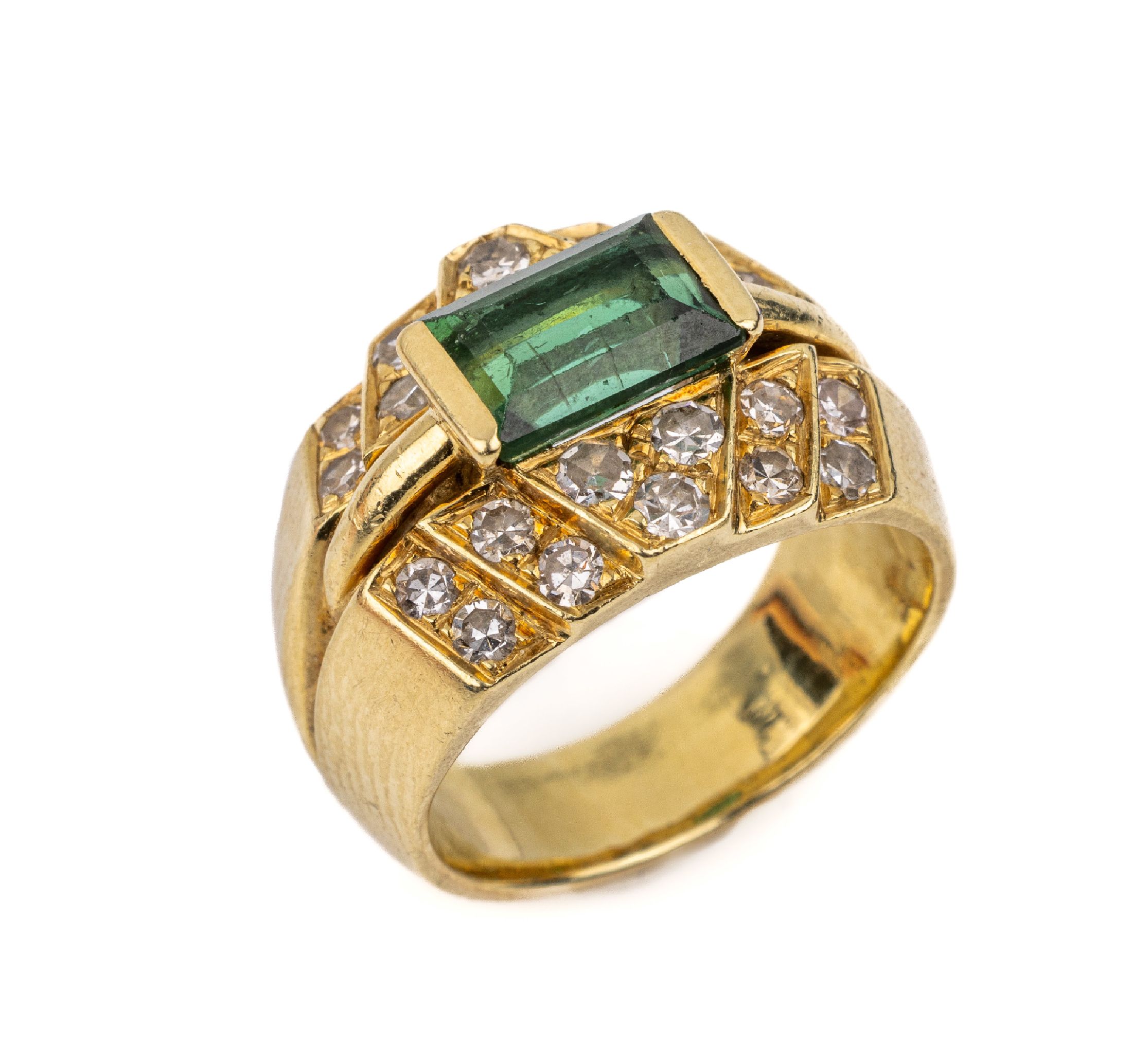14 kt Gold Turmalin-Diamant-Ring, GG 585/000, mittiger rechteckigfacett. Turmalin (stärkere Tragespuren) ca. 1.00 ct, umgeben von 22 8/8-Diamanten ...