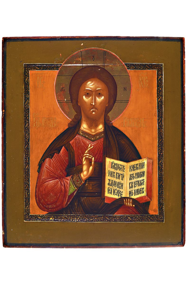 Ikone, Zentralrussland, 19. Jh.,, Christus Pantokrator, auf Holz, restaurierter guter Zustand, min. Gebr.spuren am Rand, ca. 35 x 31 cm