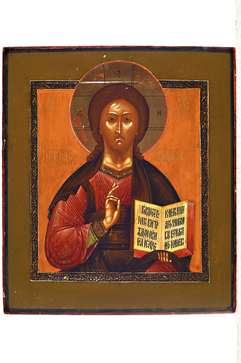 Detail k: Ikone, Zentralrussland, 19. Jh.,, Christus Pantokrator, auf Holz, restaurierter guter Zustand, min. Gebr.spuren am Rand, ca. 35 x 31 cm