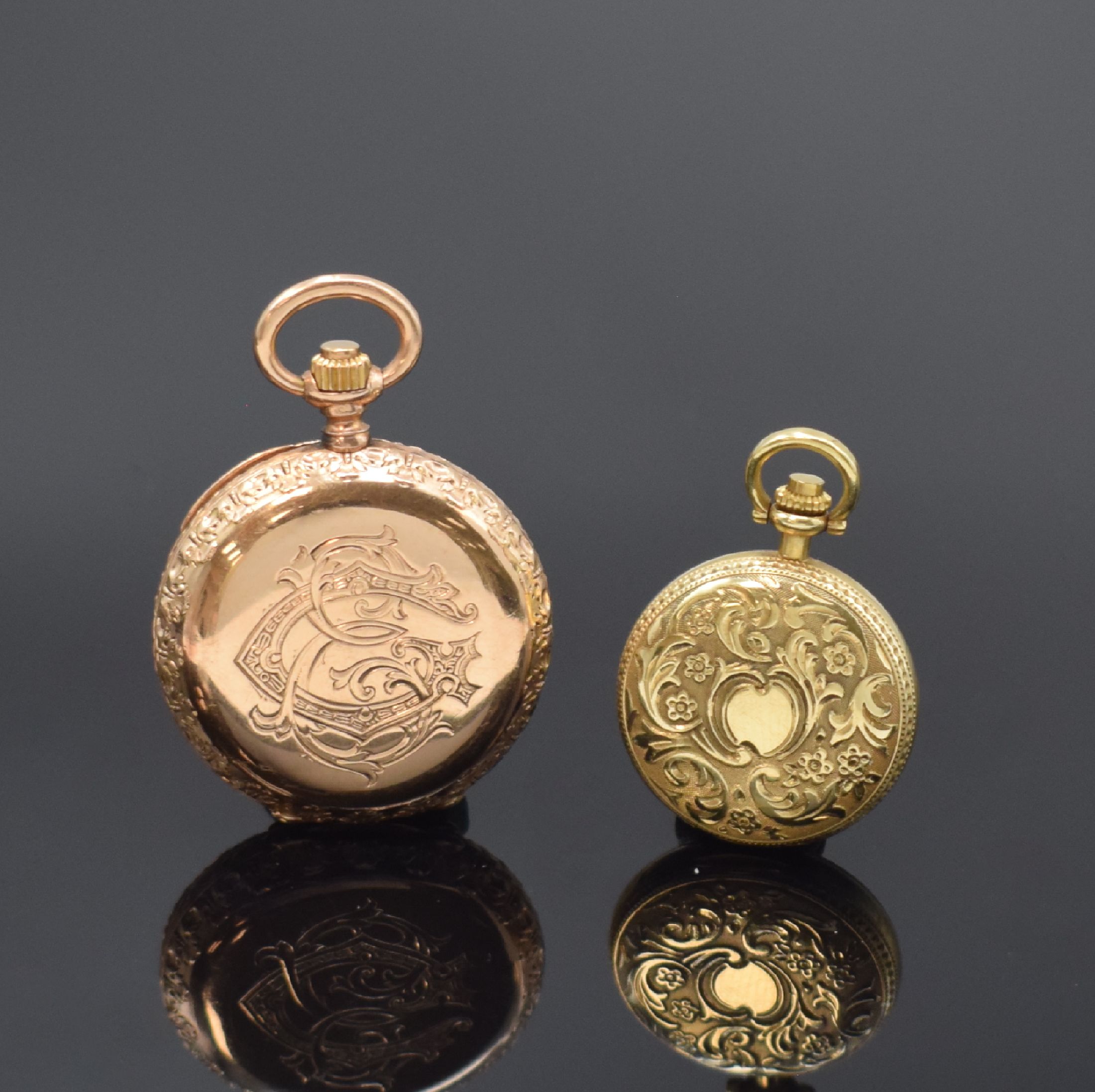 Detail a: 2 Damentaschenuhren in RG/GG 585/000, Schweiz, 1) um 1880, 3-Deckel Goldgeh., Emailzifferbl. m. röm. Zahlen, gold. Zeiger, verg. Zylinderwerk, nicht ...