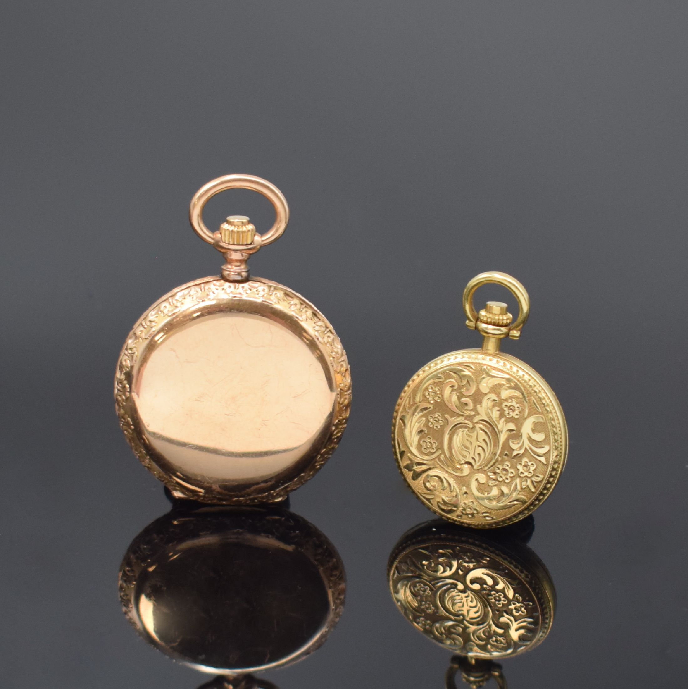 Detail b: 2 Damentaschenuhren in RG/GG 585/000, Schweiz, 1) um 1880, 3-Deckel Goldgeh., Emailzifferbl. m. röm. Zahlen, gold. Zeiger, verg. Zylinderwerk, nicht ...