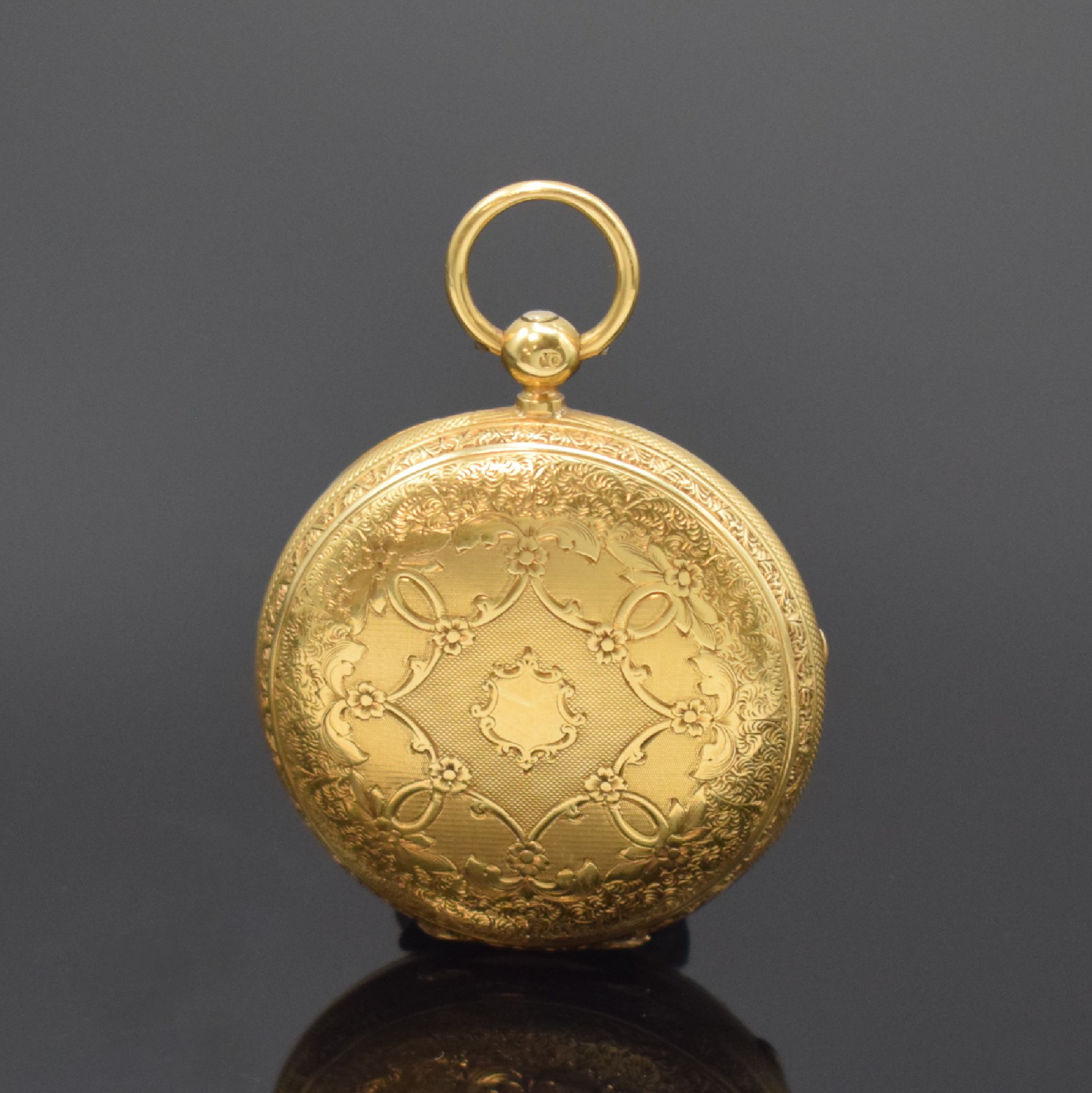 Detail a: Geo. LANGSTER Aberdeen offene Taschenuhr in GG 750/000, England um 1870, gold. Zifferbl. m. röm. Zahlen, gebl. Birnenzeiger, verg. Ankerwerk m. ...