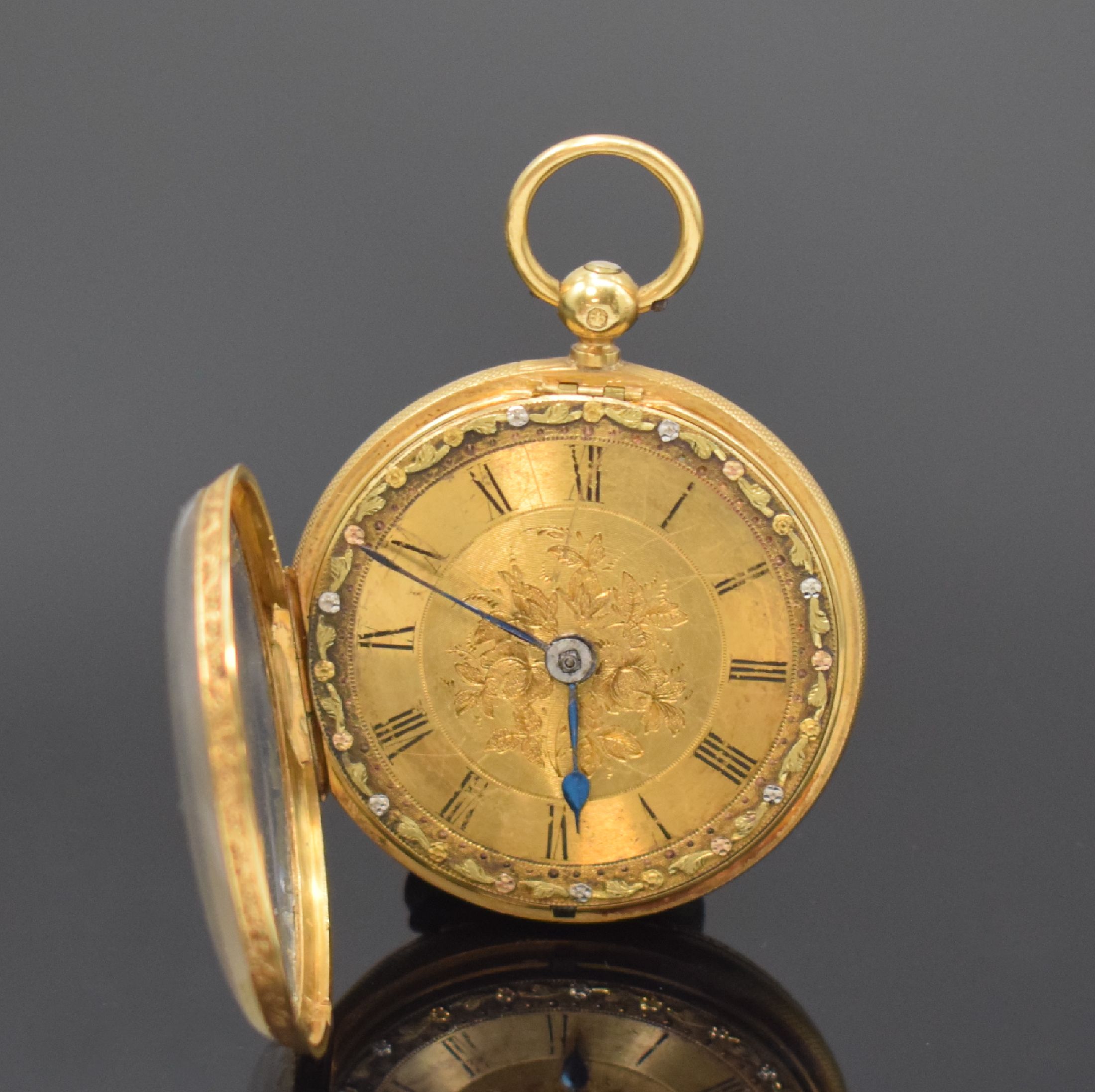Detail c: Geo. LANGSTER Aberdeen offene Taschenuhr in GG 750/000, England um 1870, gold. Zifferbl. m. röm. Zahlen, gebl. Birnenzeiger, verg. Ankerwerk m. ...