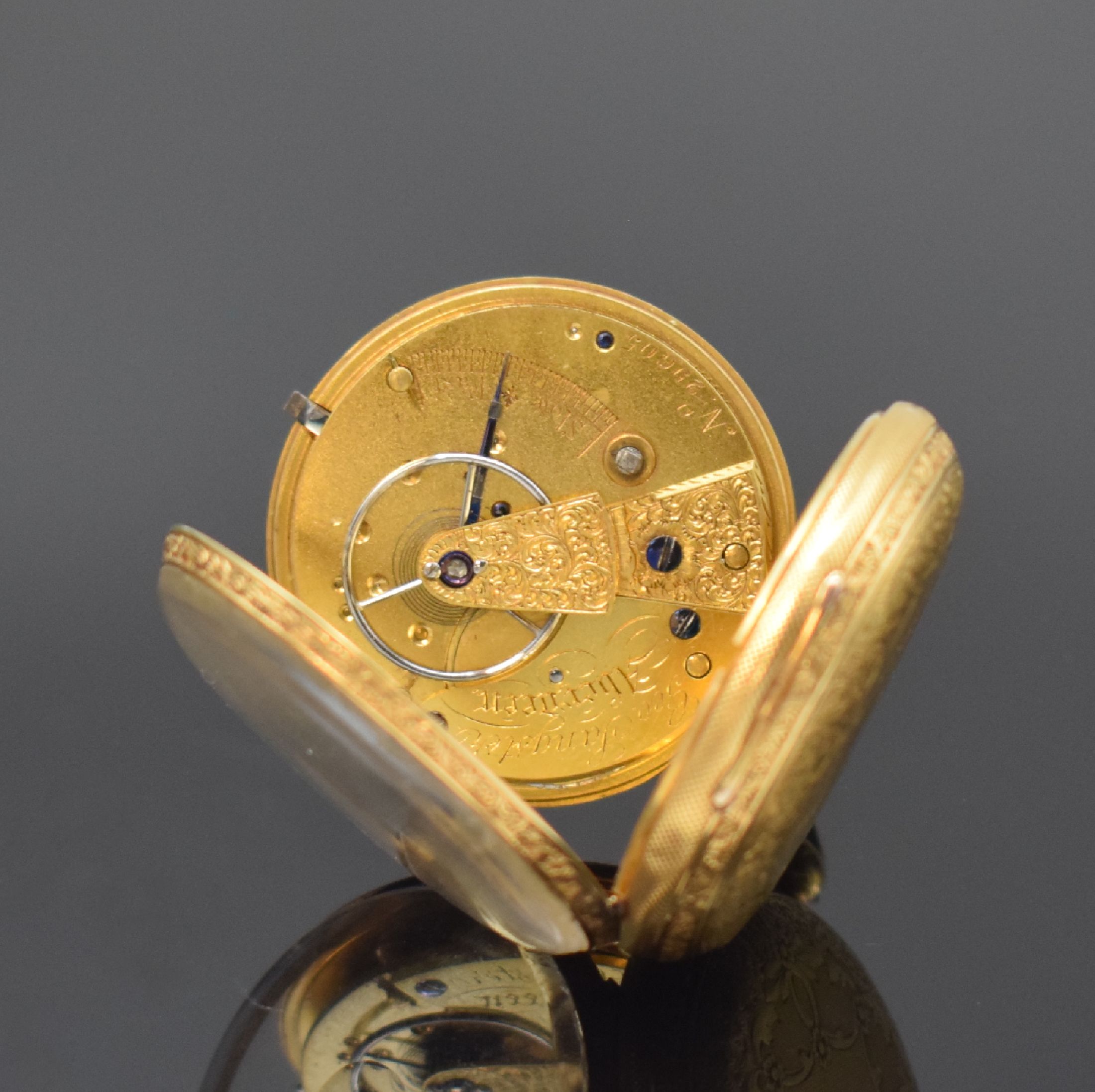 Detail d: Geo. LANGSTER Aberdeen offene Taschenuhr in GG 750/000, England um 1870, gold. Zifferbl. m. röm. Zahlen, gebl. Birnenzeiger, verg. Ankerwerk m. ...
