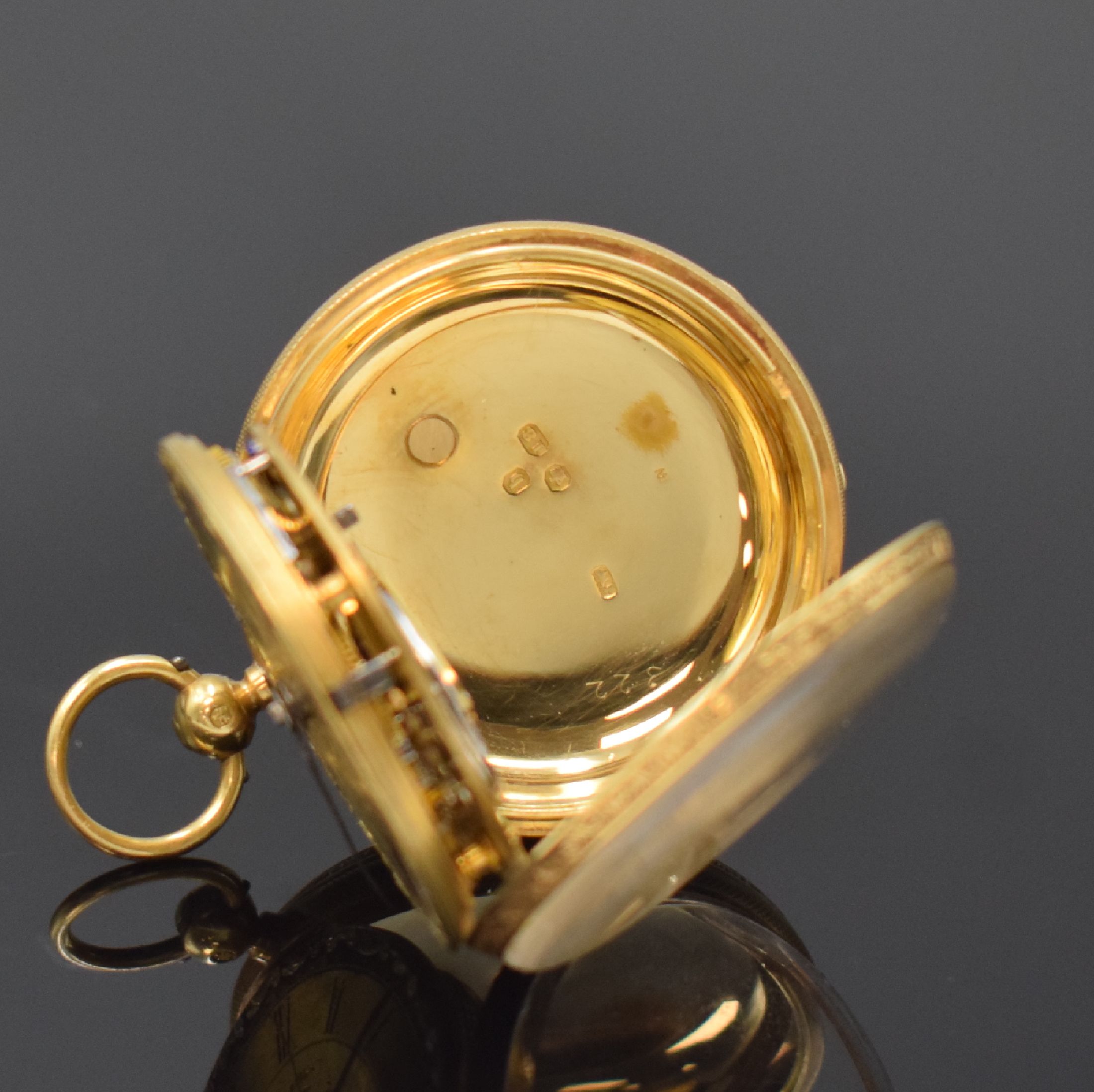 Detail e: Geo. LANGSTER Aberdeen offene Taschenuhr in GG 750/000, England um 1870, gold. Zifferbl. m. röm. Zahlen, gebl. Birnenzeiger, verg. Ankerwerk m. ...