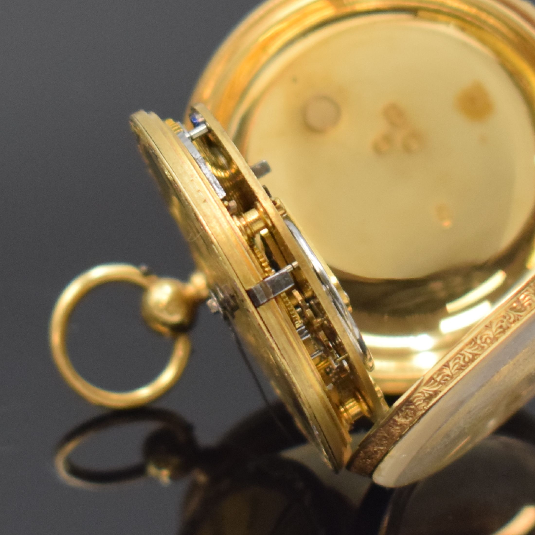 Detail f: Geo. LANGSTER Aberdeen offene Taschenuhr in GG 750/000, England um 1870, gold. Zifferbl. m. röm. Zahlen, gebl. Birnenzeiger, verg. Ankerwerk m. ...